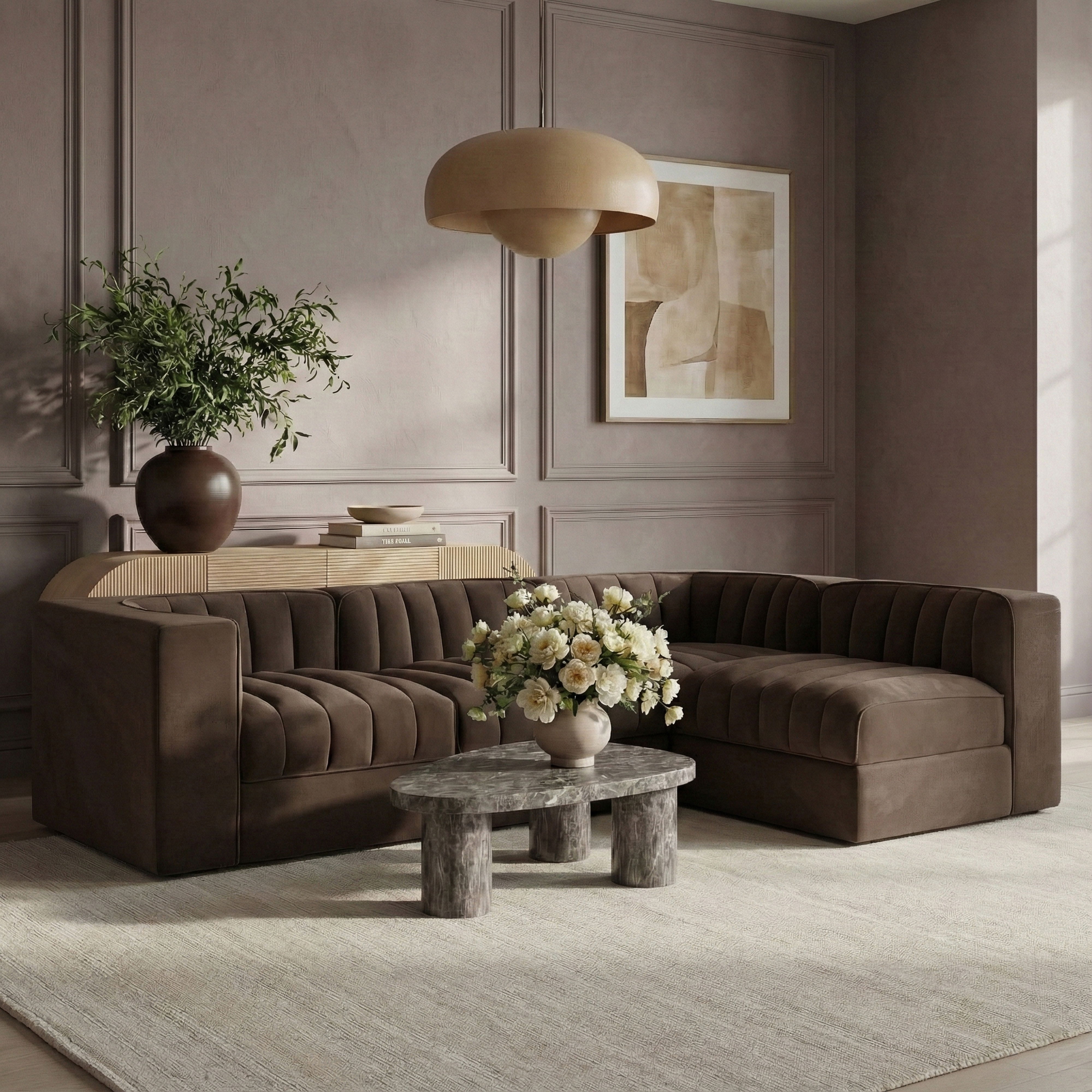 Rummi - Velvet Performance Fabric Upholstered 4 Piece Modular Sectional - Brown