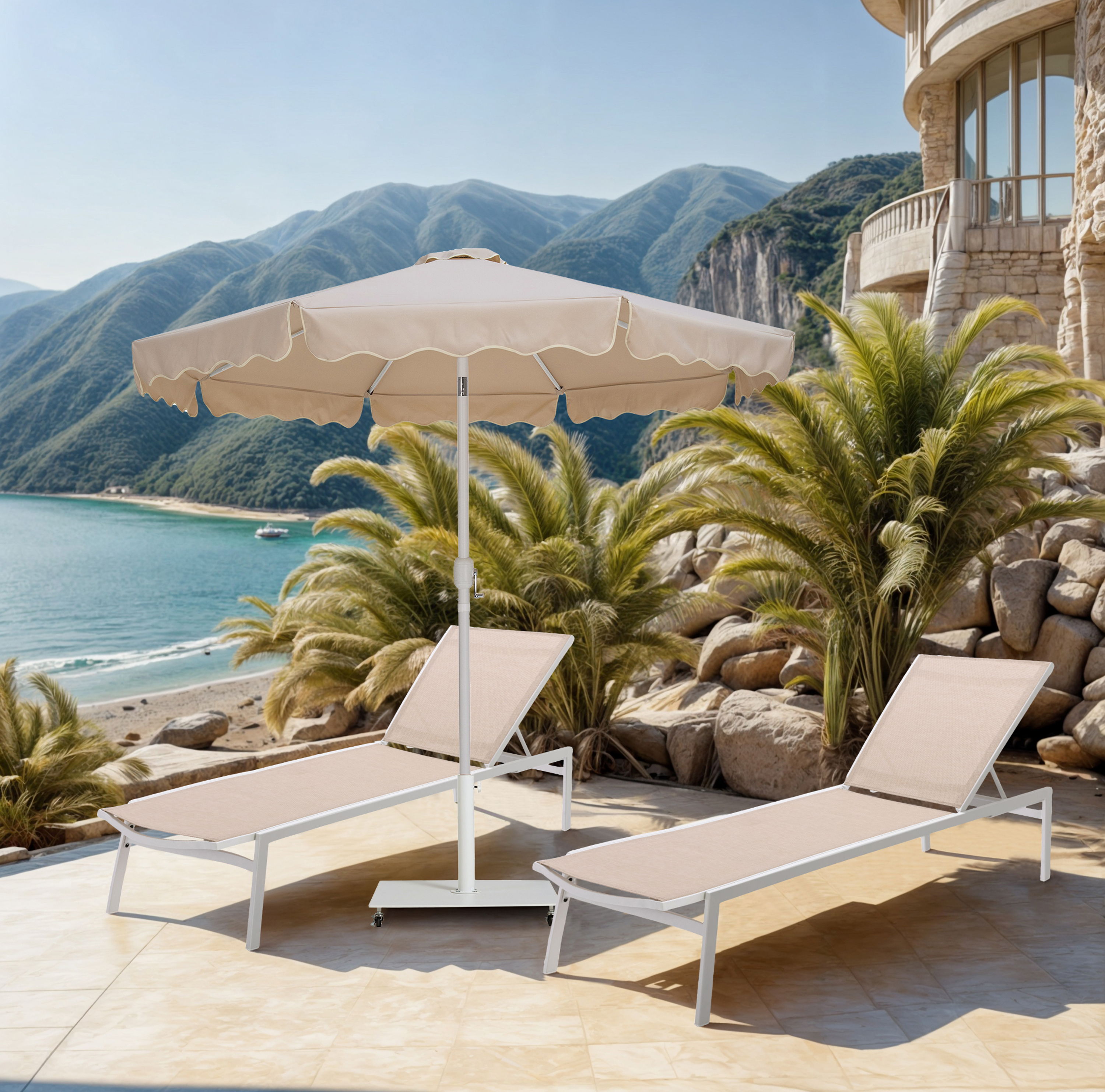 Amalfi - With Cream Piping Aluminum Patio Umbrella with Base Fabric - Beige / Matte White