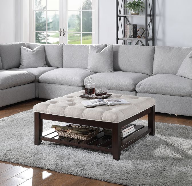 Aizen - Cocktail Ottoman - Beige Fabric & Espresso, beige, view 3