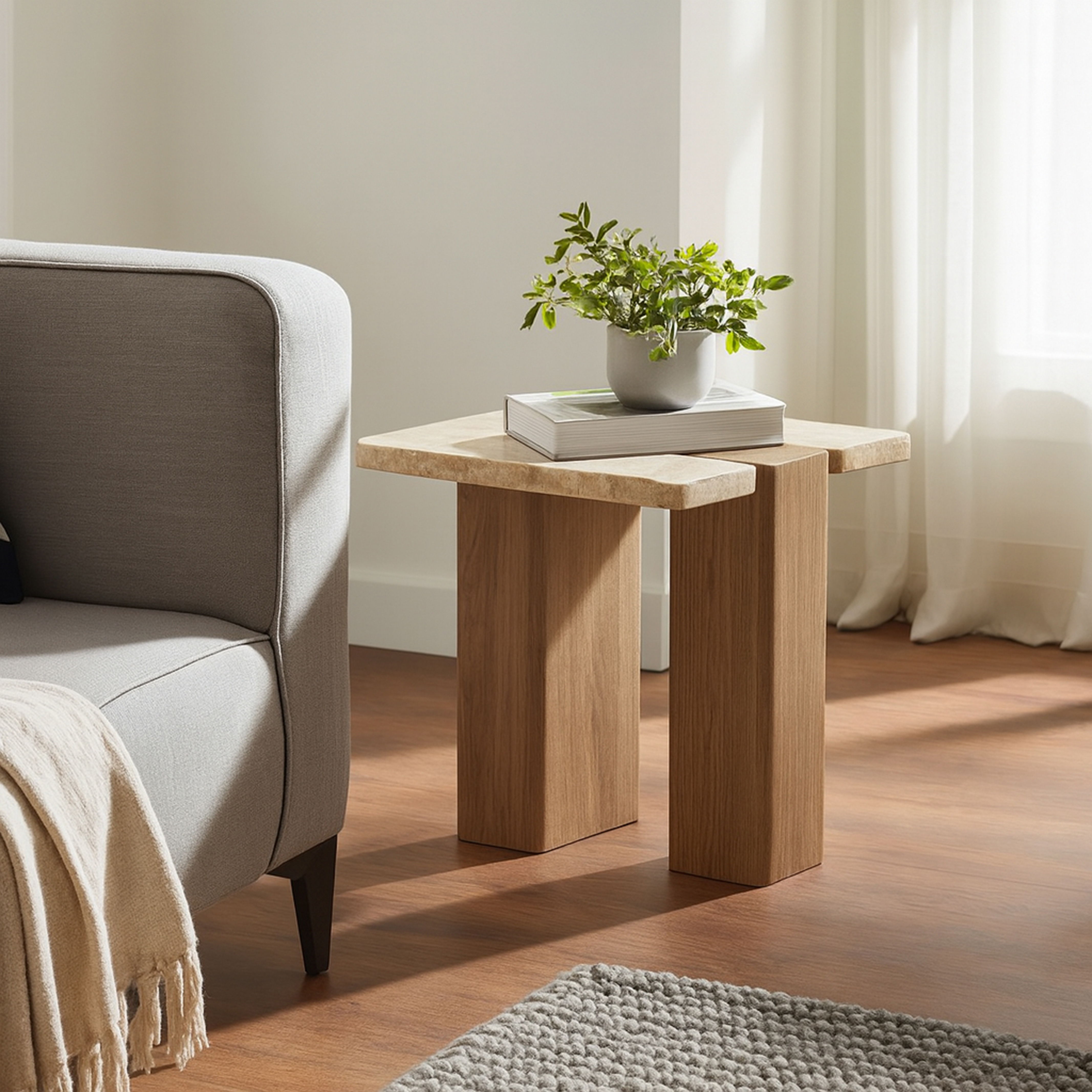 Ravenna - Genuine Fabric Travertine And Oak Wood End / Side Table - Natural