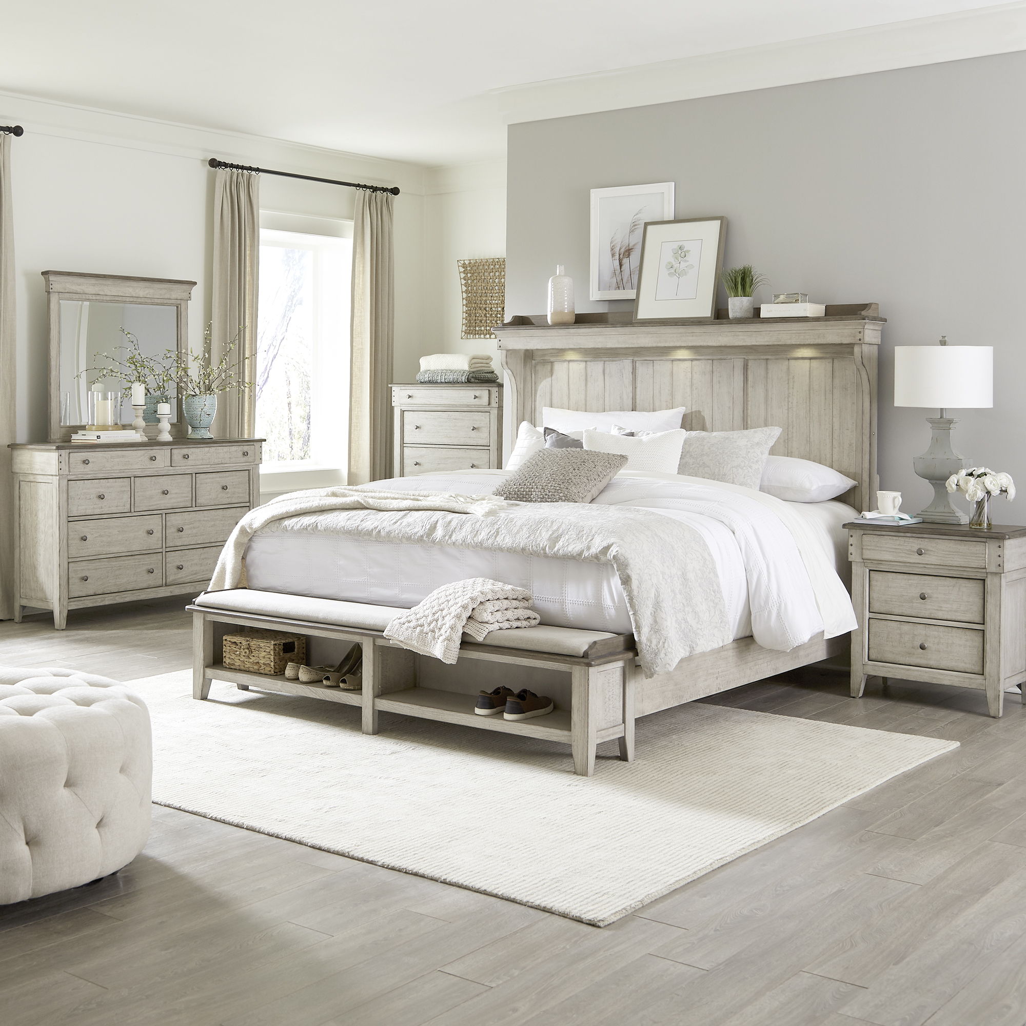 Liberty Furniture Ivy Hollow - 5 Piece Bedroom Set (Queen Mantle Storage Bed, Dresser & Mirror, Chest, Nightstand) - White