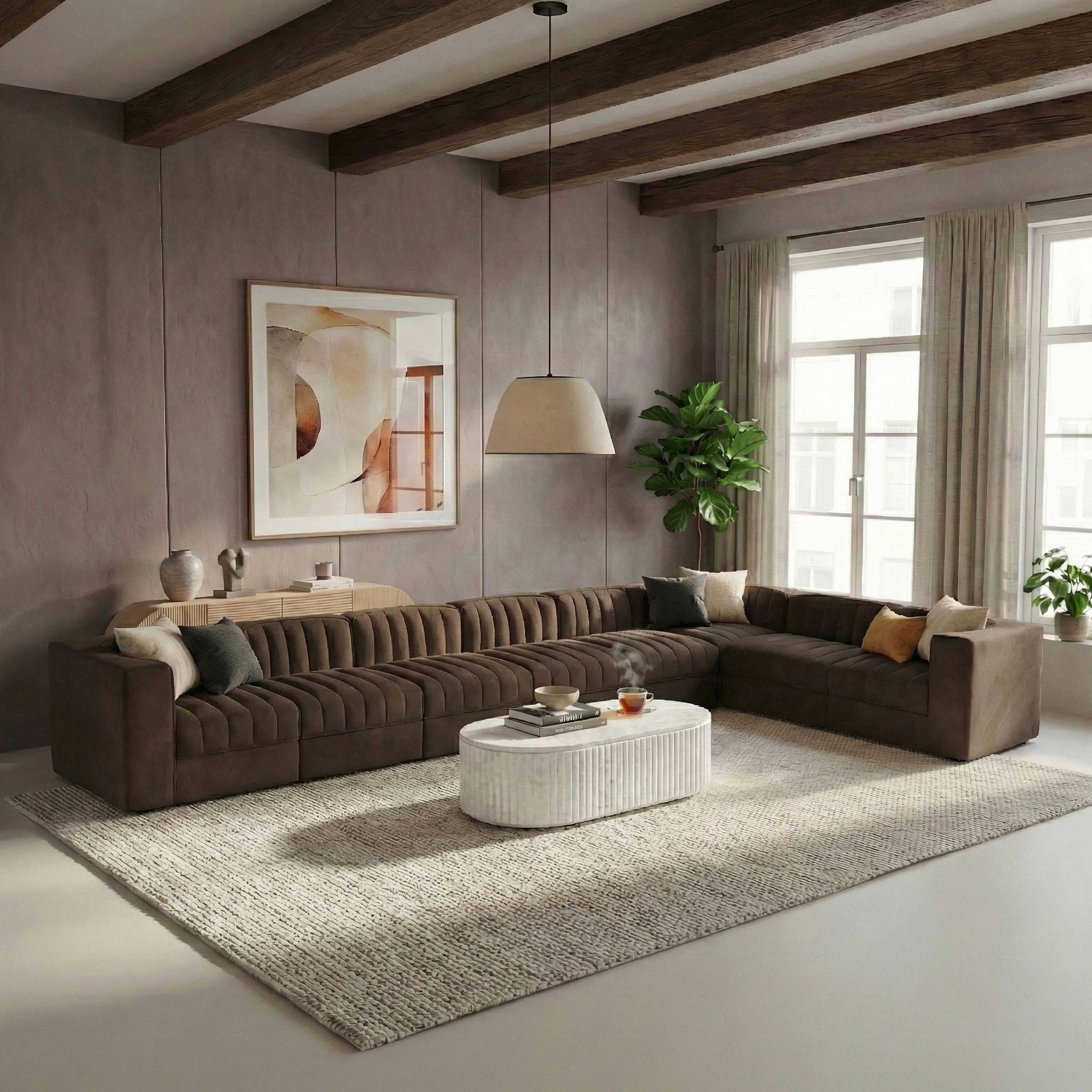 Rummi - Velvet Performance Fabric Upholstered 8 Piece Modular Sectional (With 3 Corner Chairs) - Brown