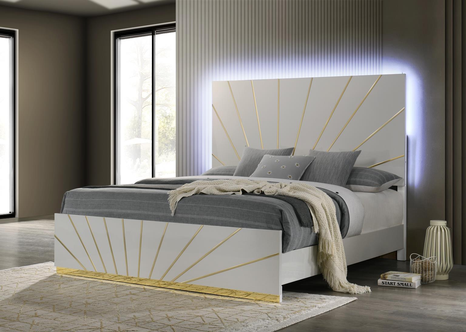 B205 - LED Queen Bed - White / Gold