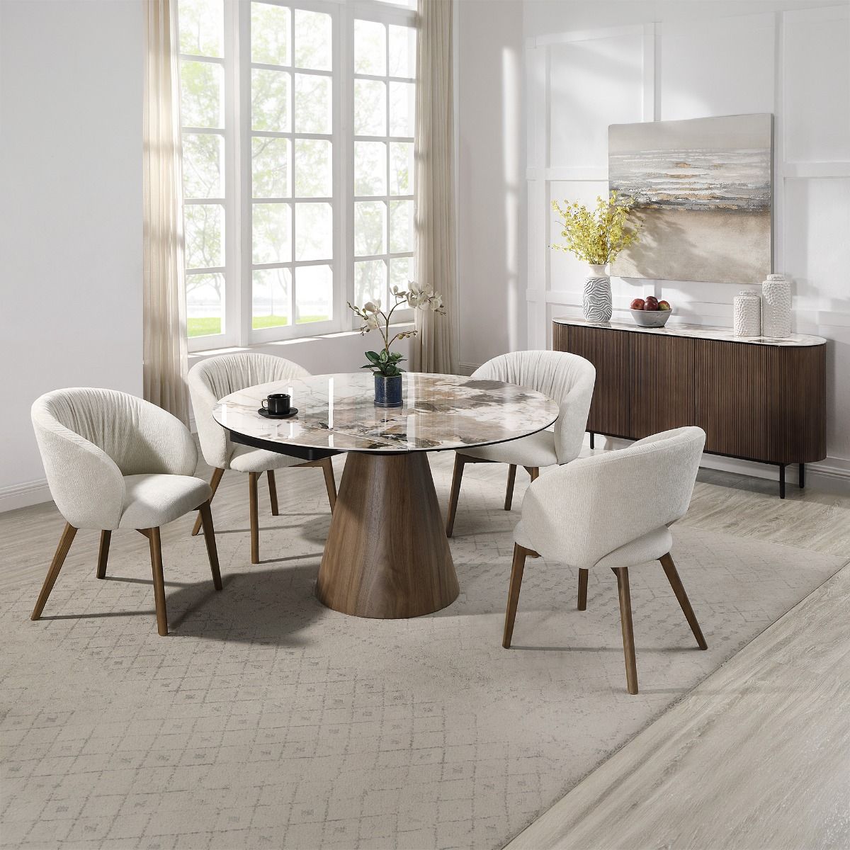 Eada - Dining Table With Ceramic Top - Beige Chenille, Ceramic Top & Walnut, dark brown