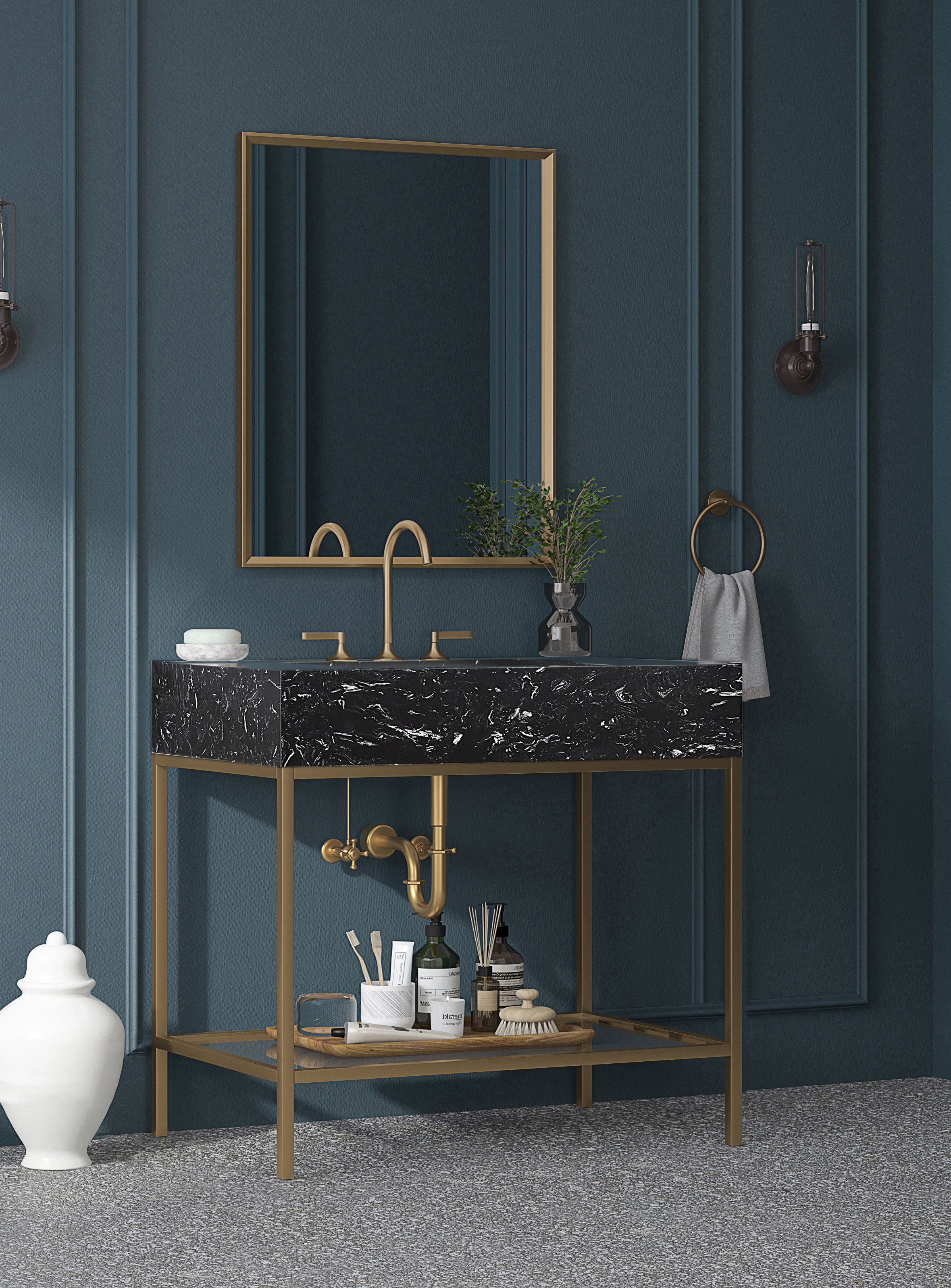 Marmo - 36" Engineered Marble Bathroom Vanity With Gold Base - Black
