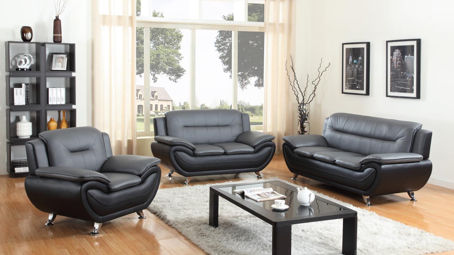 U485 - 3 Piece Living Room Set (Sofa, Loveseat, Chair) - Gray / Black