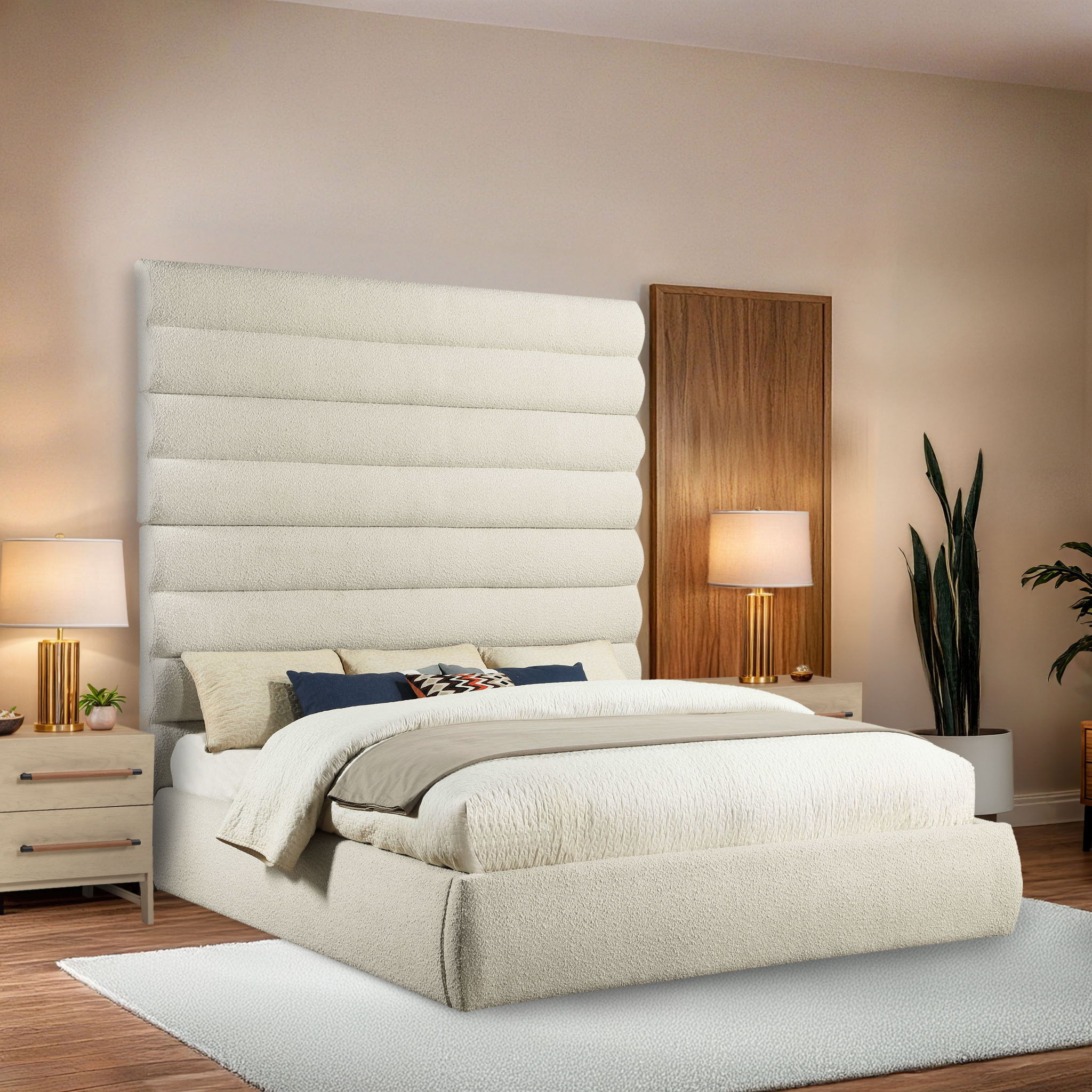 Adam - Boucle Fabric King Bed With 89" Headboard - White