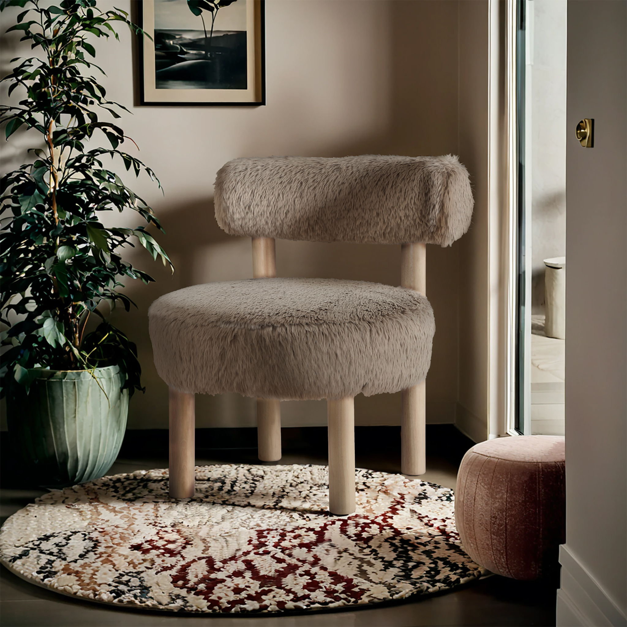 Ambre - Vegan Shearling Fabric Accent Chair - Beige