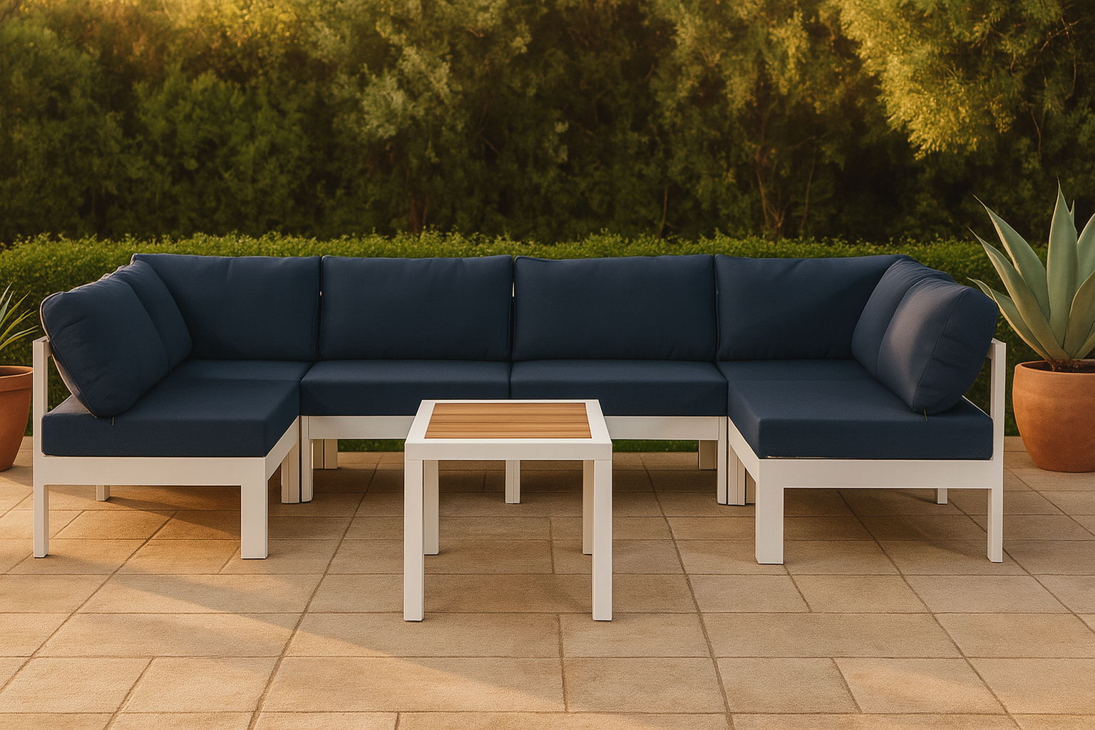 Nizuc - Outdoor Patio 6 Piece Modular U-Shaped Sectional With White Frame - Navy