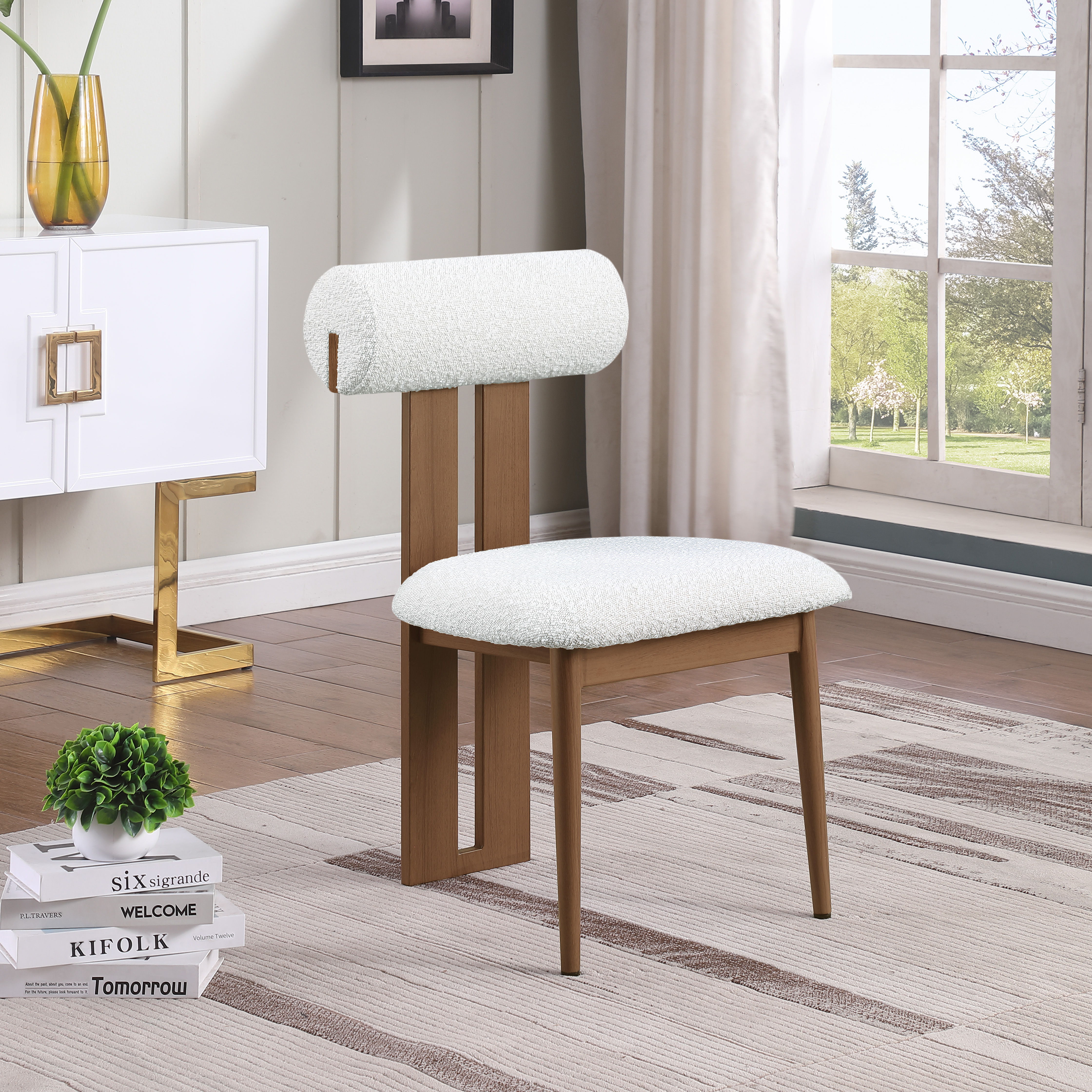 Dario - Boucle Dining Chair With Brown Frame (Set of 2) - Cream