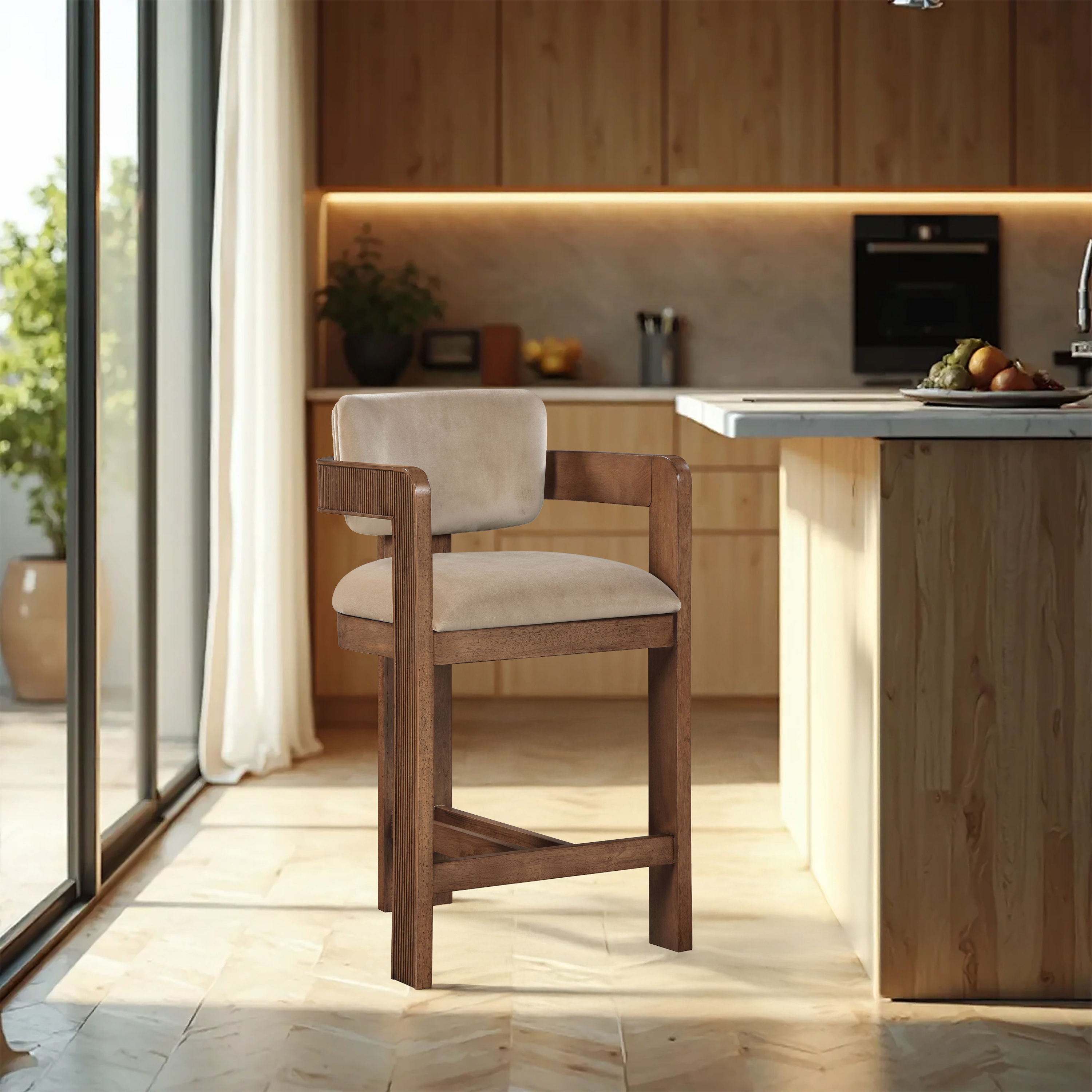 Sacha - Velvet Stool With Brown Base - Beige