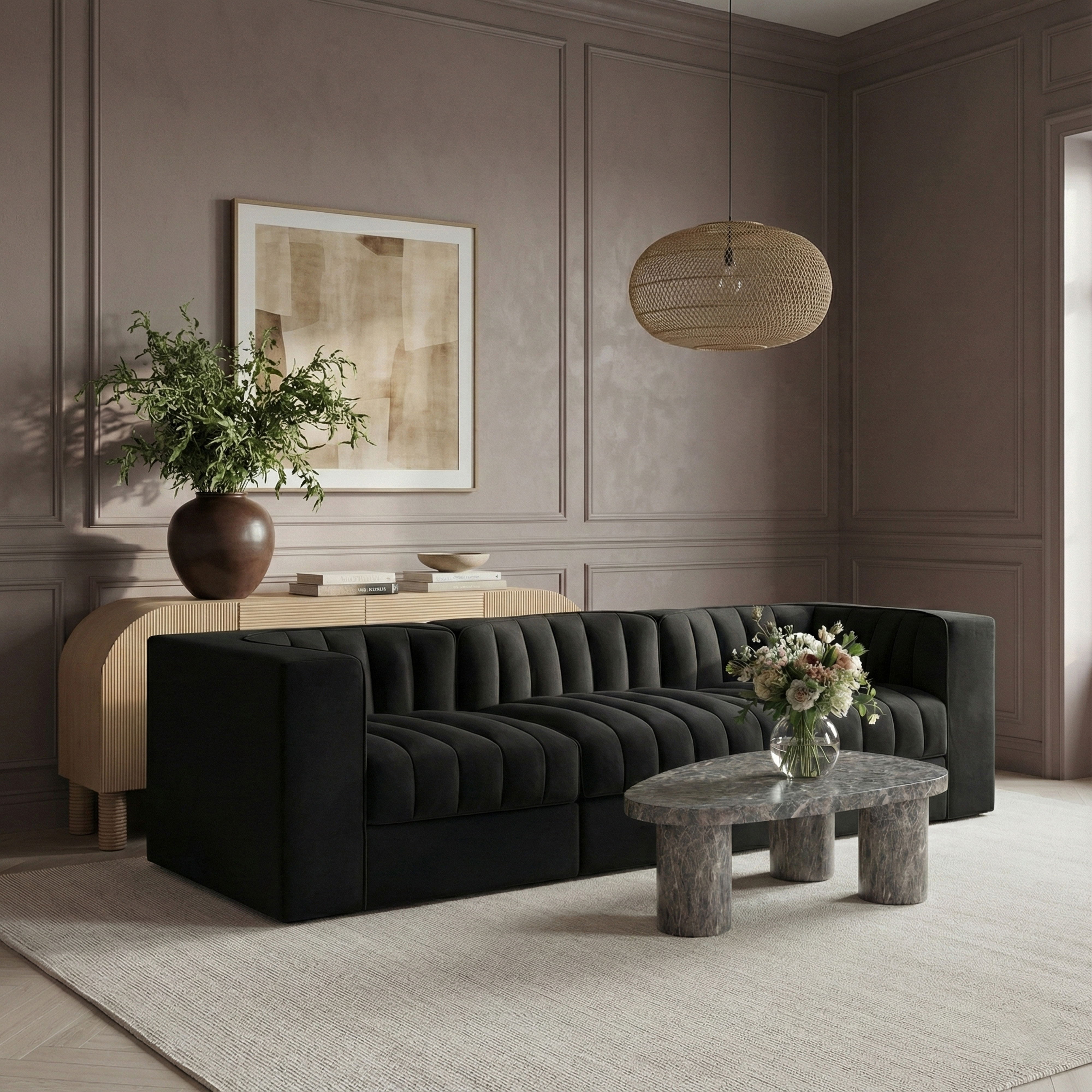 Rummi - Velvet Performance Fabric Upholstered 3 Piece Modular Sofa - Black