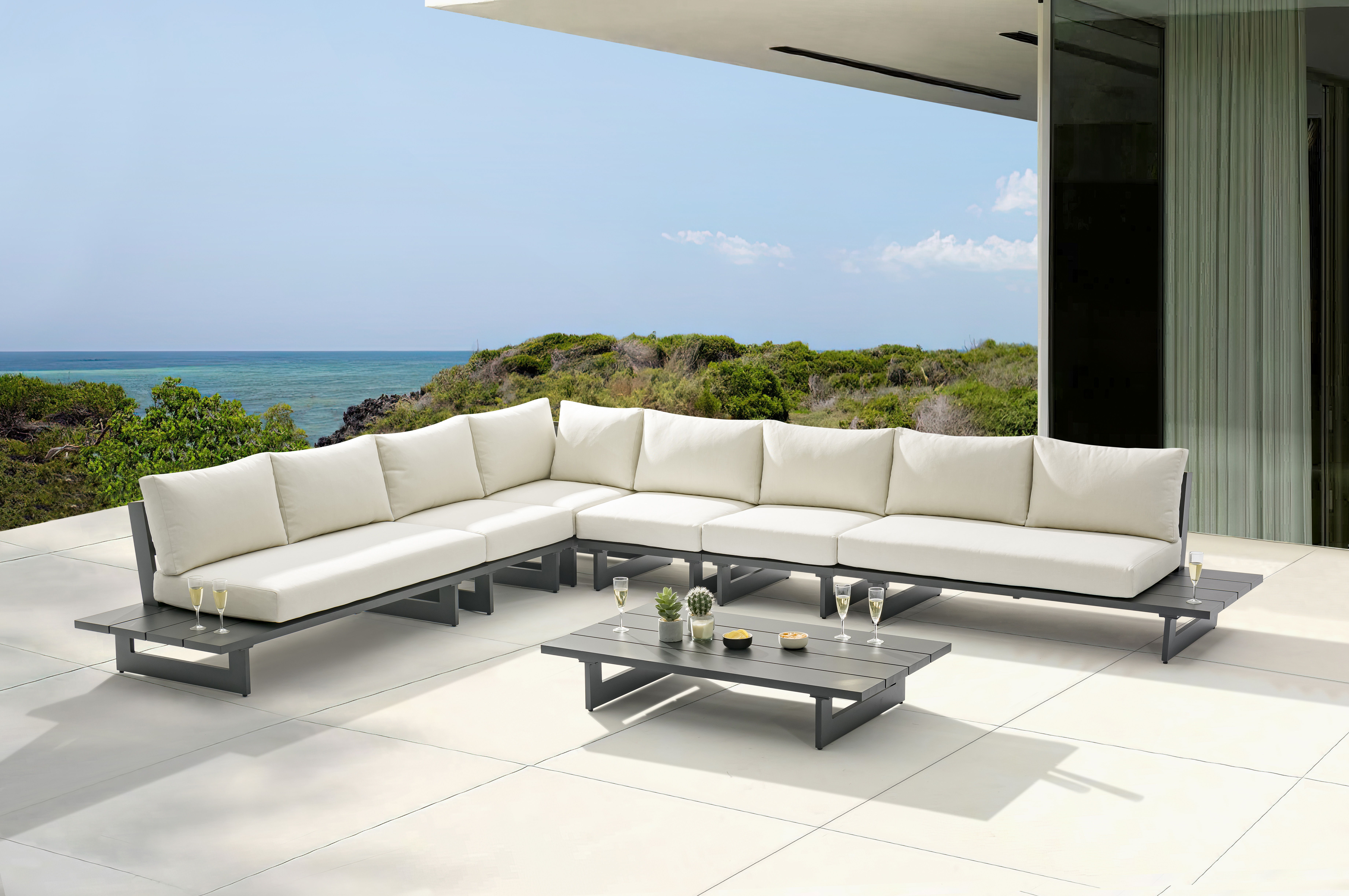 Maldives - 6 Piece Water Resistant Outdoor Patio Modular Sectional With Gray Base - Cream
