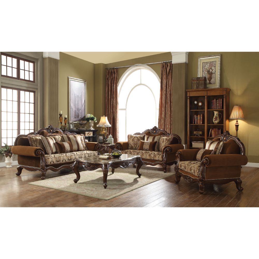 Jardena - Sofa With 6 Pillows (Same Lv01591) - Pattern Fabric & Cherry Oak, dark brown