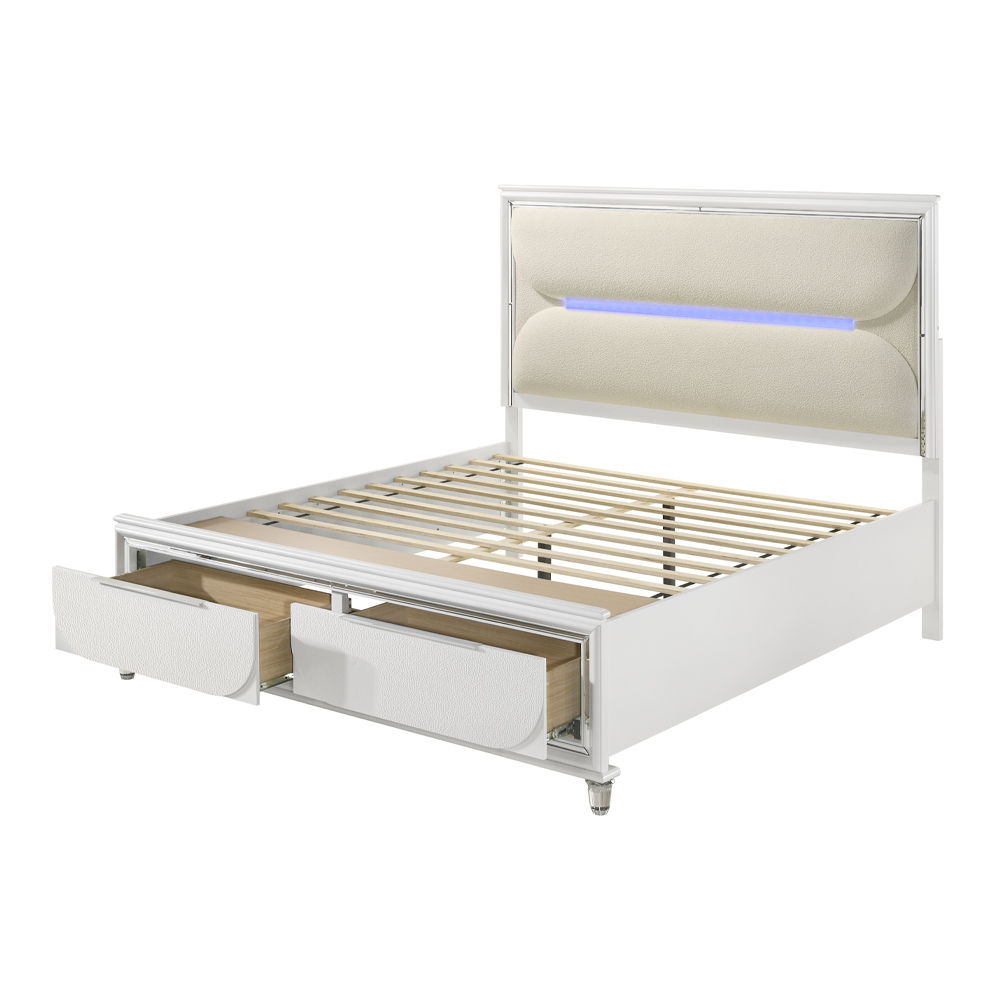 Tarian - Queen Bed With LED & Storage - White Boucle & Pearl White, white, view 2