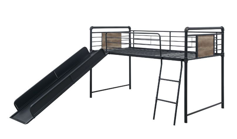 Cordelia - Twin Loft Bed With Slide - Antique Oak, Sandy Black & Dark Bronze Hand-Brushed, black