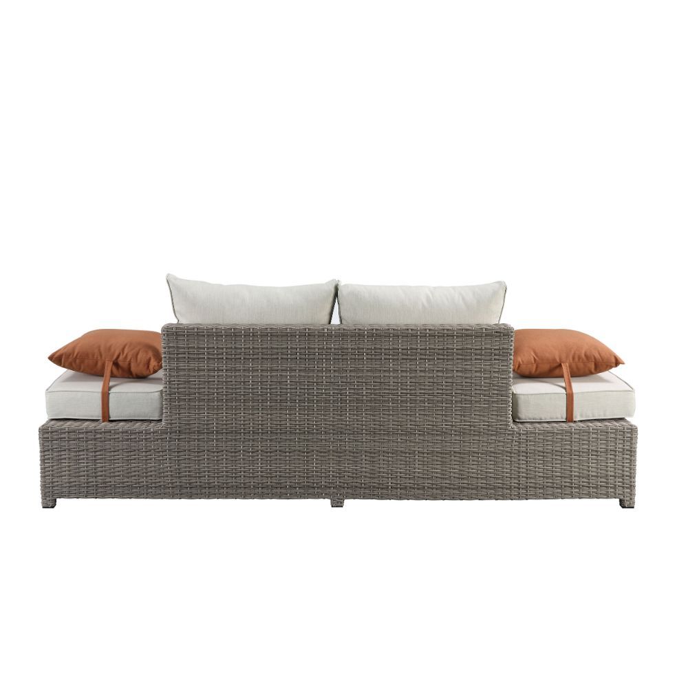 Salena - Patio Sofa With 2 Pillows & Ottoman - Beige Fabric & Gray Wicker, beige, view 8