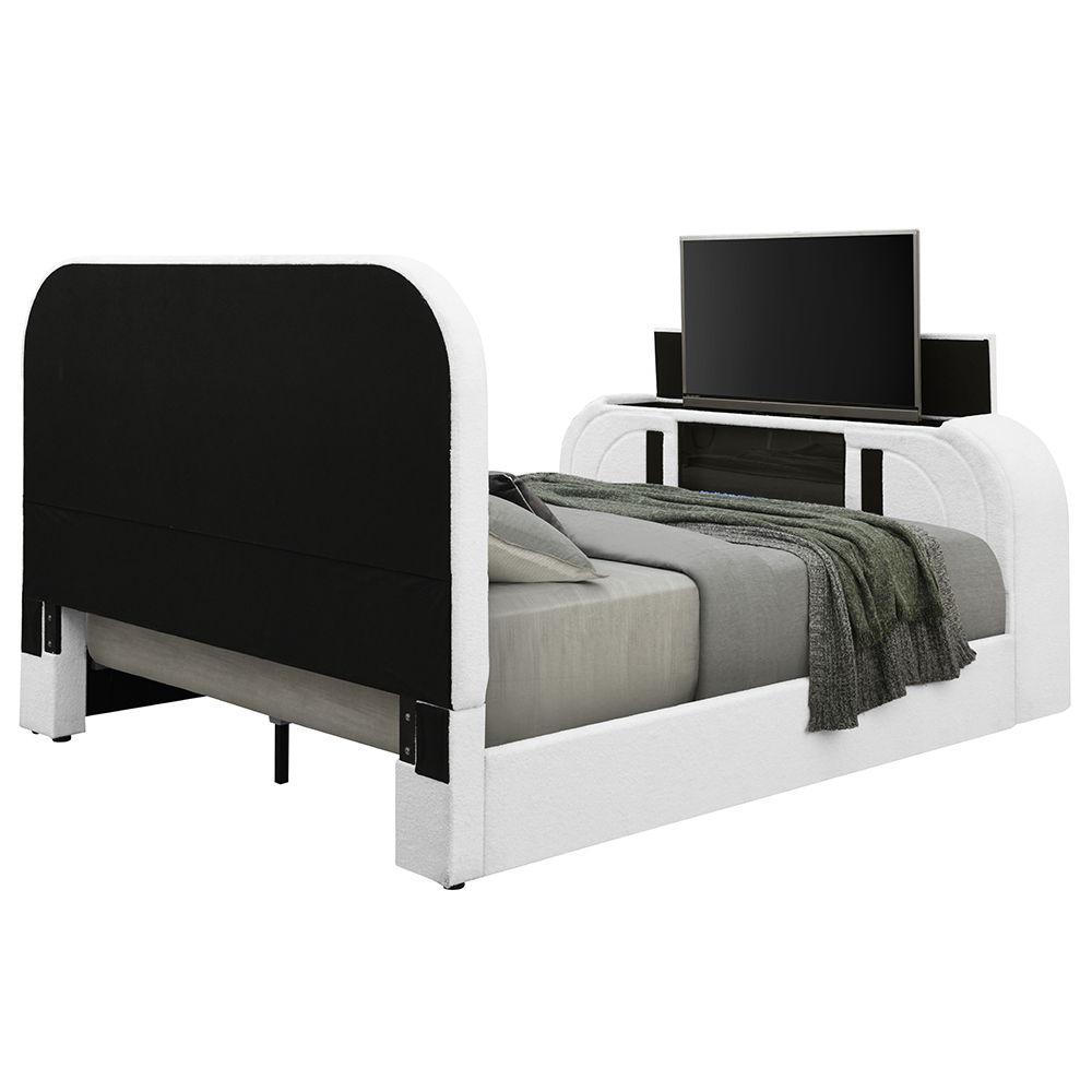 Shelyn - Queen Bed With LED, TV Cabinet, Fireplace & Bluetooth - White Teddy Sherpa & Chrome, white, view 3