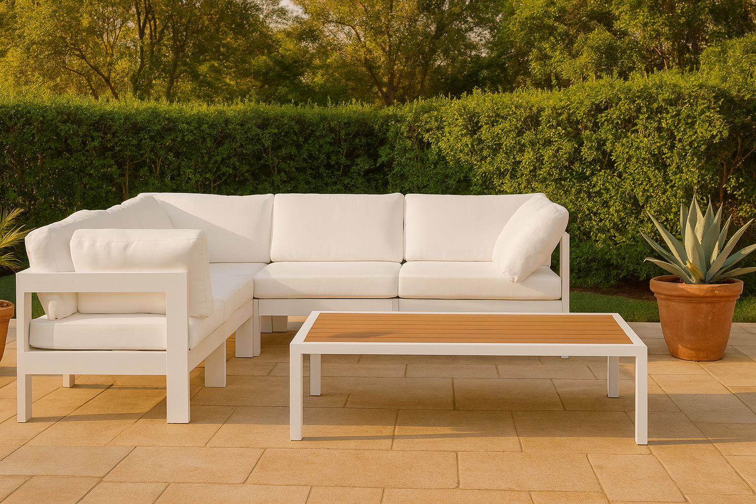 Nizuc - Outdoor Patio 5 Piece Modular Corner Sectional With White Frame - White