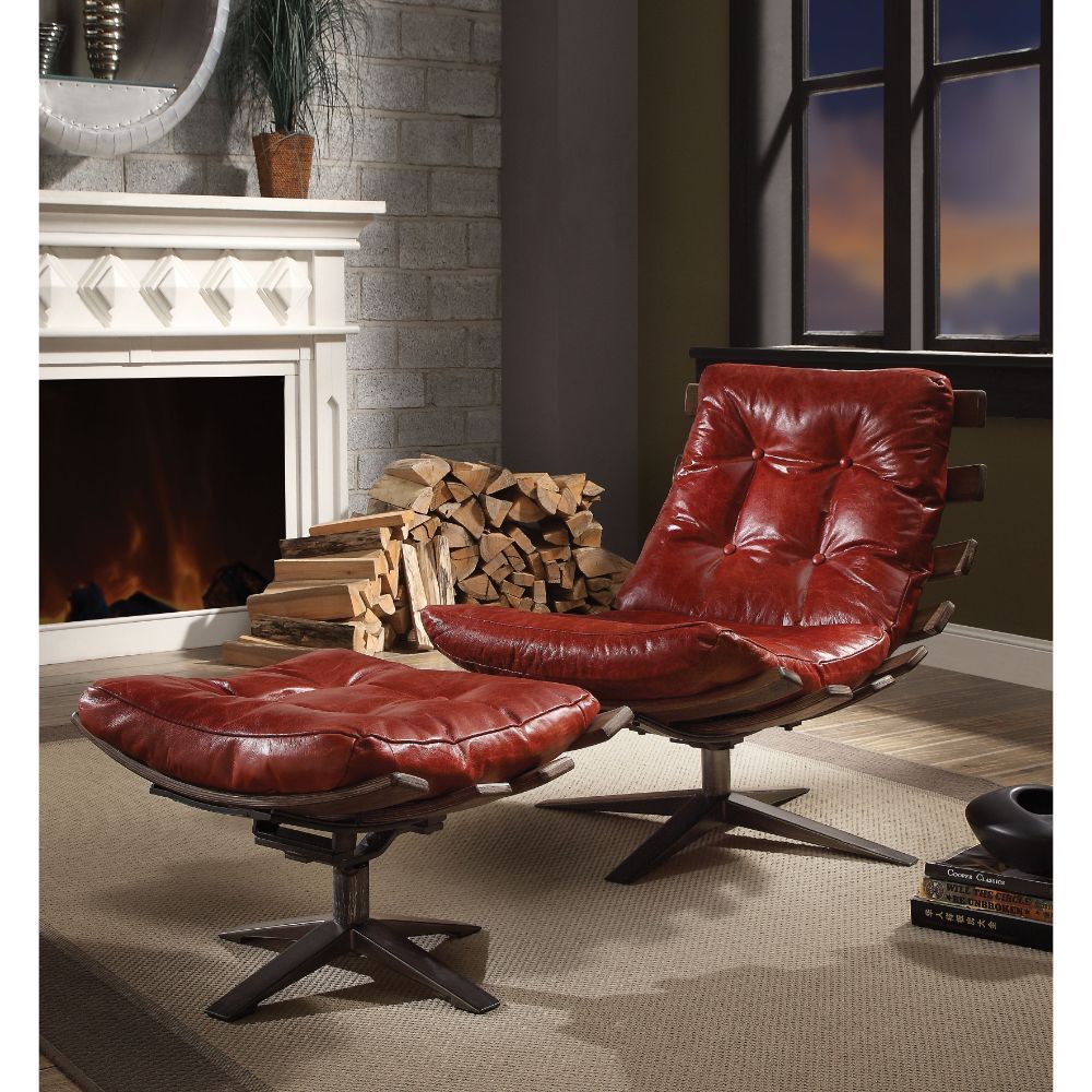 Gandy - Chair & Ottoman - Antique Red Top Grain Leather, red, view 5
