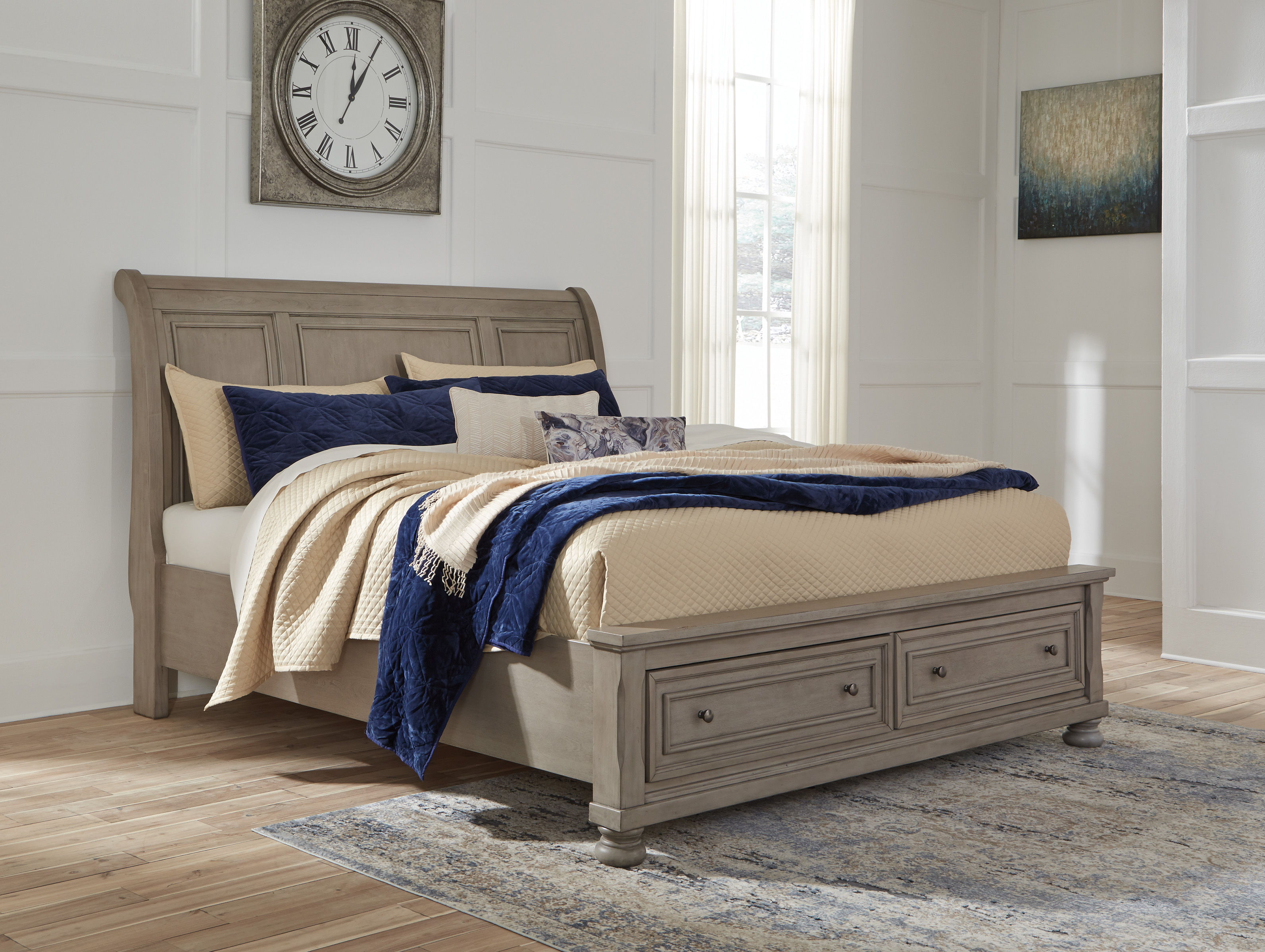Ashley Furniture Lettner - 8 Pc. - Dresser, Mirror, Chest, King Sleigh Bed with 2 Storage Drawers, 2 Nightstands - Light Gray - Image 5