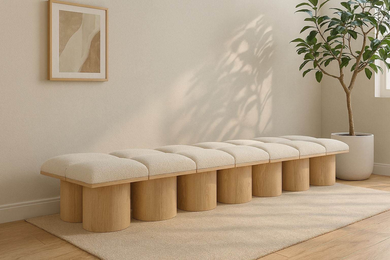 Pavilion - 126" 14 Piece Modular Bench With Natural Base - Cream