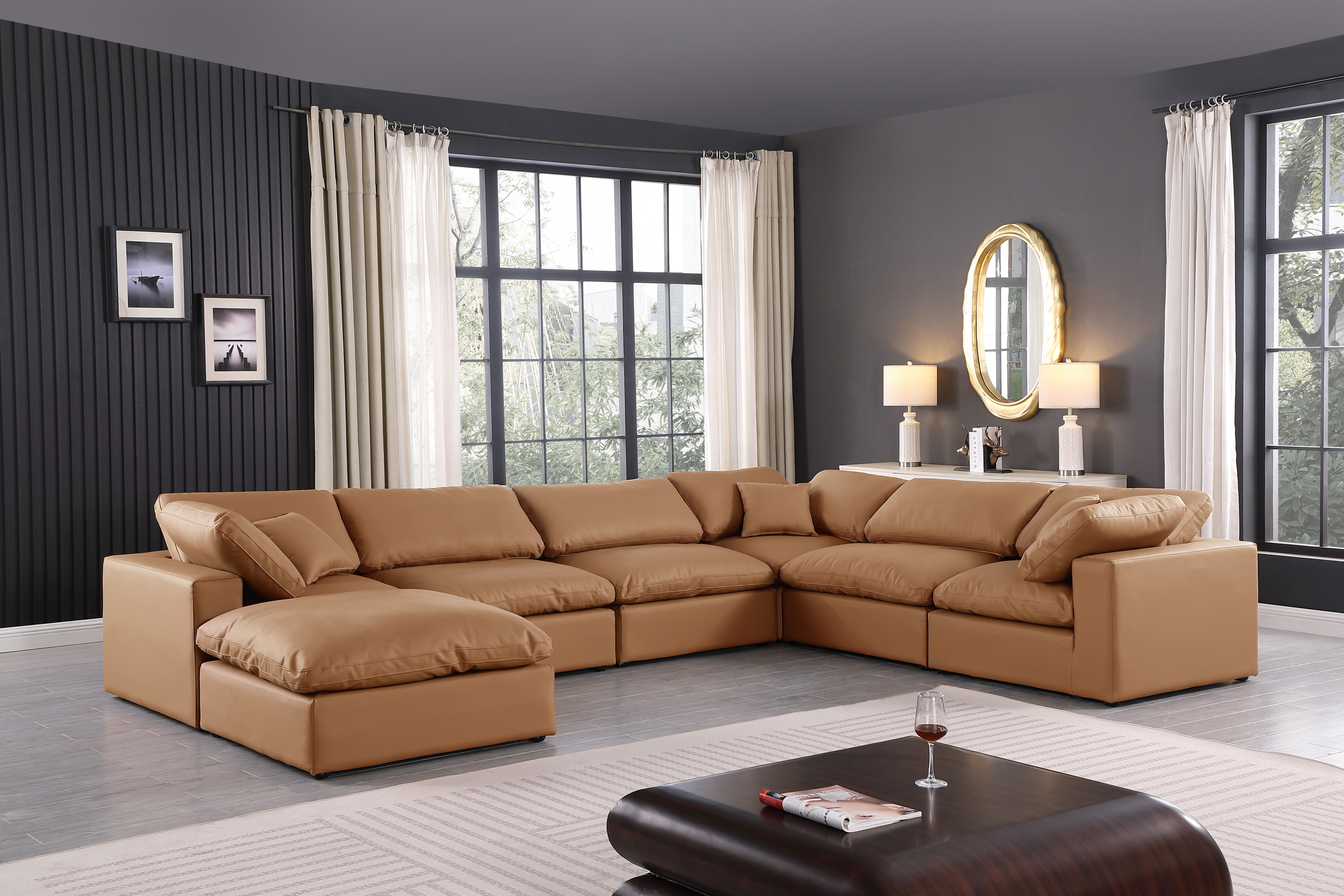 Comfy - 7 Piece Faux Leather Modular Sectional With Chaise - Cognac