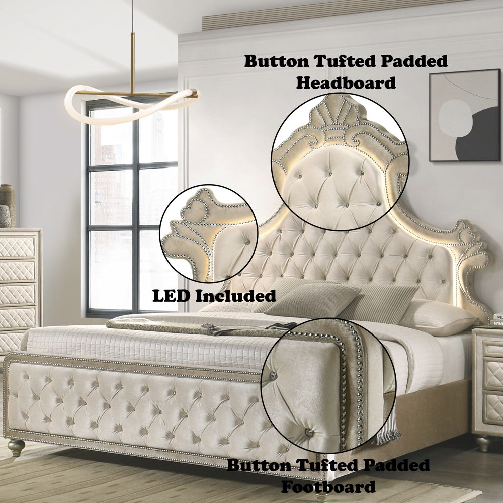 Lucienne - Queen Bed With LED - Beige Velvet, beige, view 5