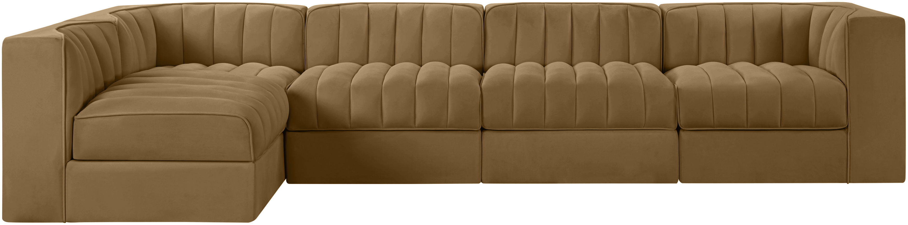 Rummi - Velvet Performance Fabric Upholstered 5 Piece Modular Sectional, L-Shaped (Right) - Saddle