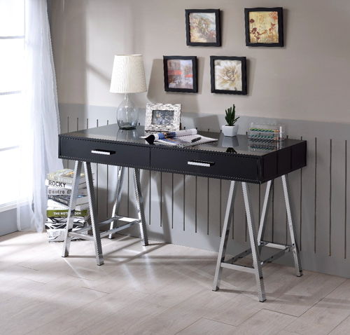 Coleen - Writing Desk With USB - Black High Gloss & Chrome, black