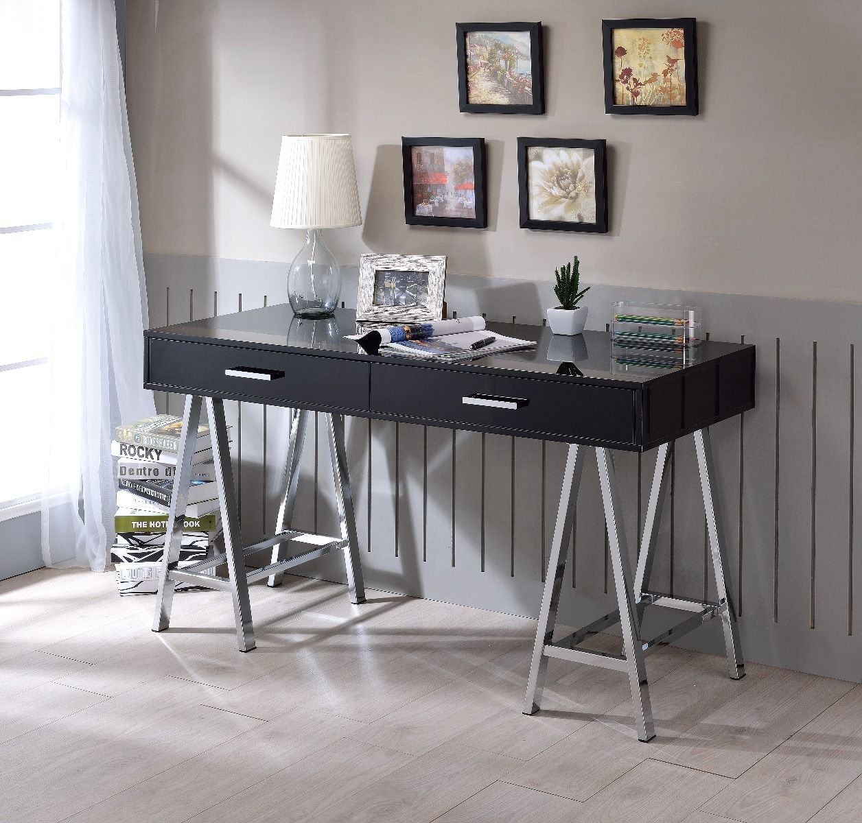 Coleen - Writing Desk With USB - Black High Gloss & Chrome, black