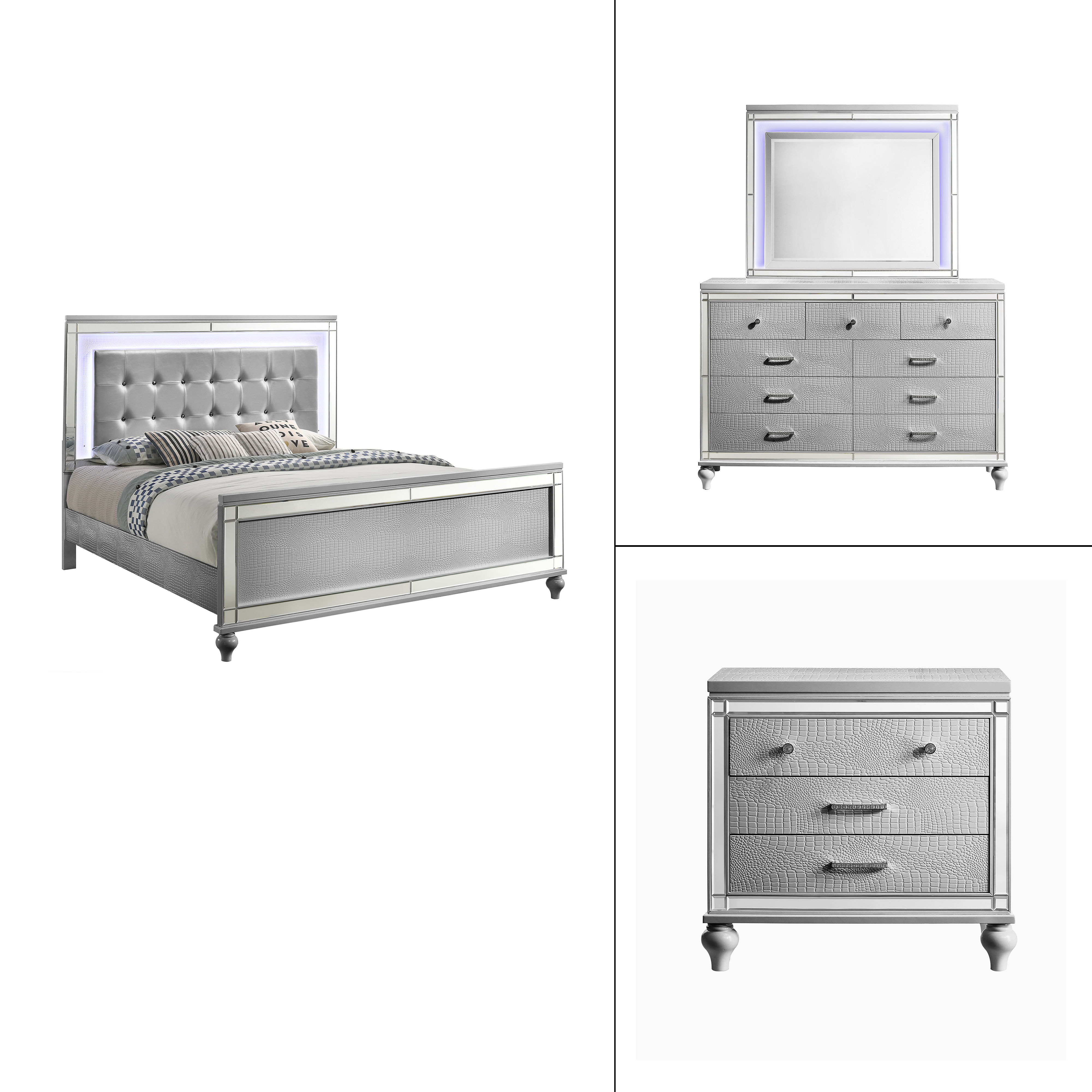 Valentino - Western King 4 Piece Bedroom Set (Bed, Dresser, Mirror, Nighstand) - Silver
