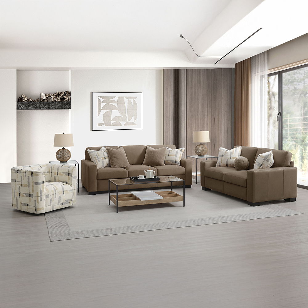 Darya - Loveseat With 3 Pillows - Brown Suede Fabric, light brown