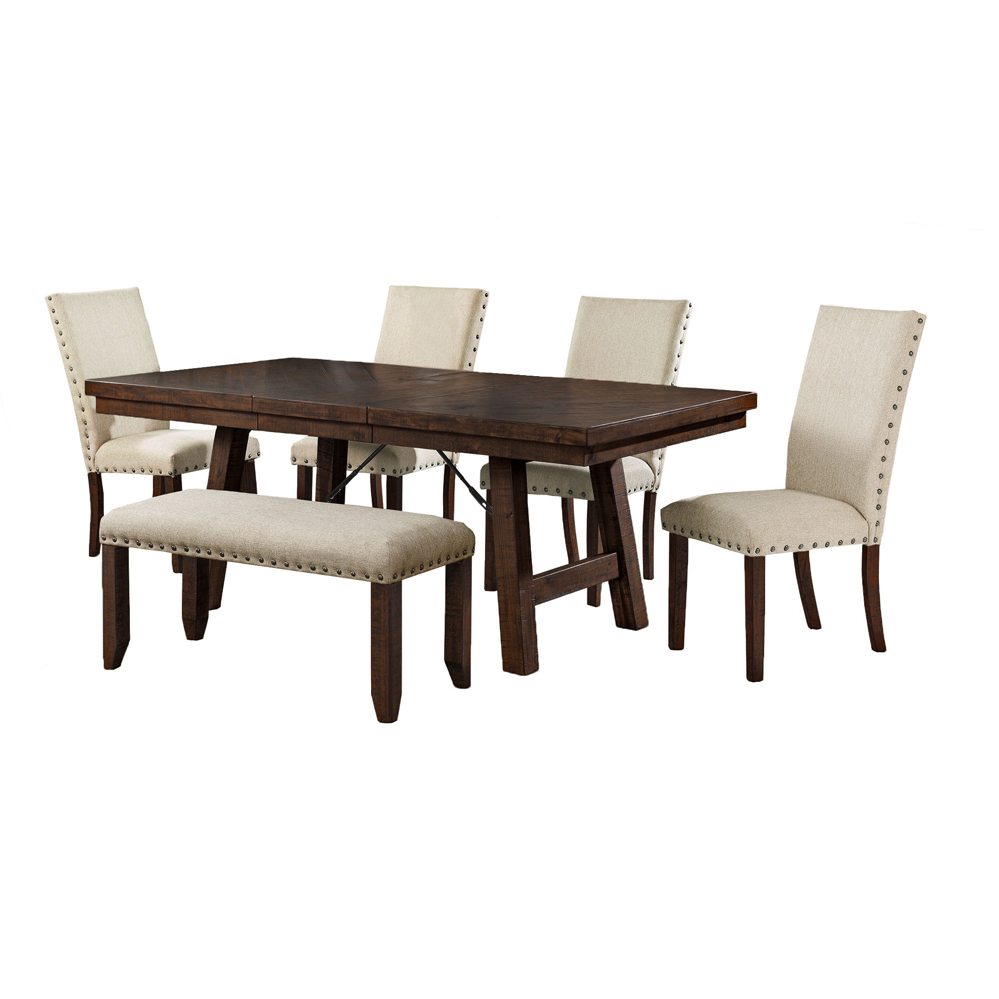 6 Pc · Table, Four Upholstered Side Chairs And Bench