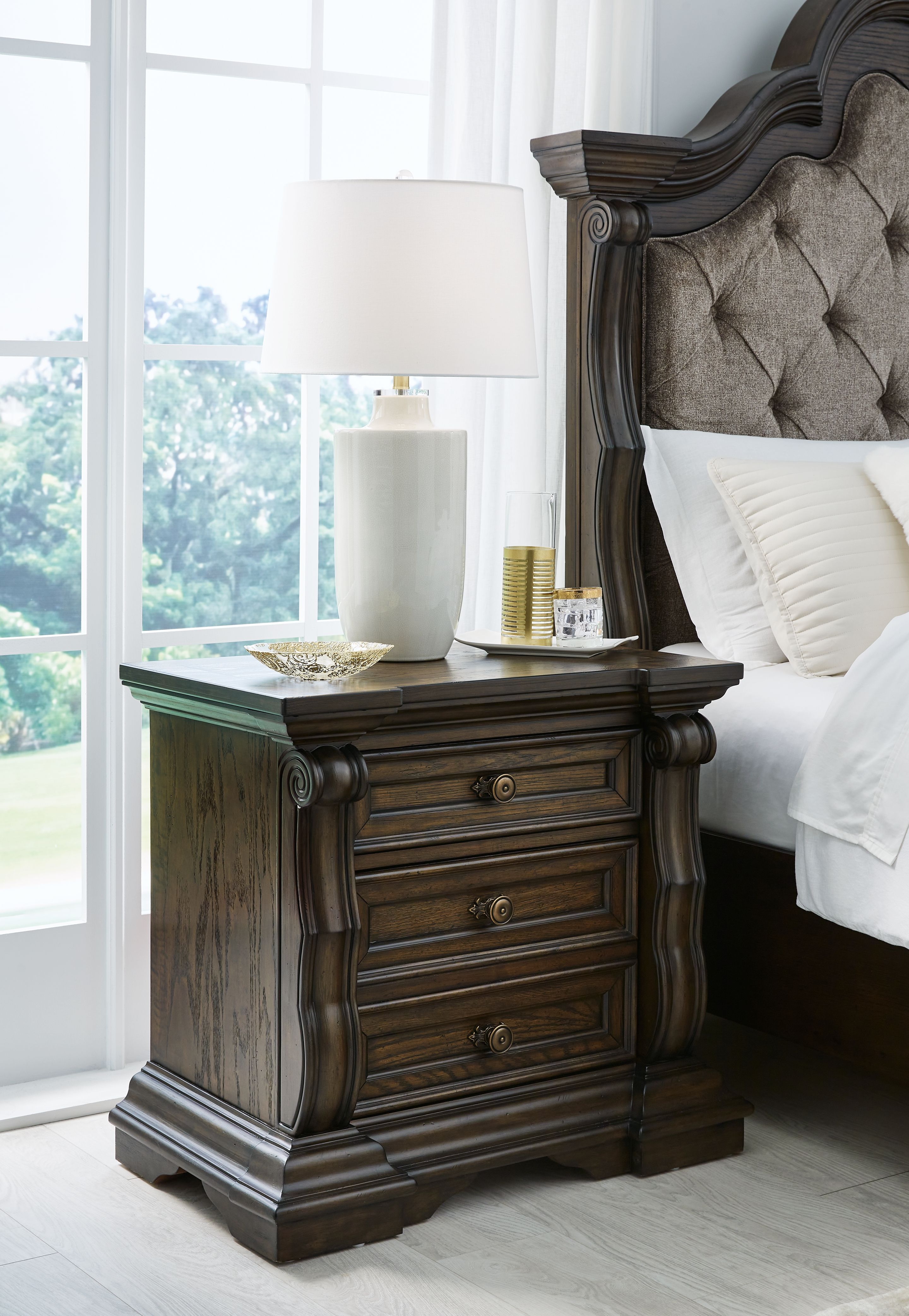 Ashley Furniture Maylee - 8 Pc. - Dresser, Mirror, Chest, King Upholstered Bed, 2 Nightstands - Dark Brown - Image 12