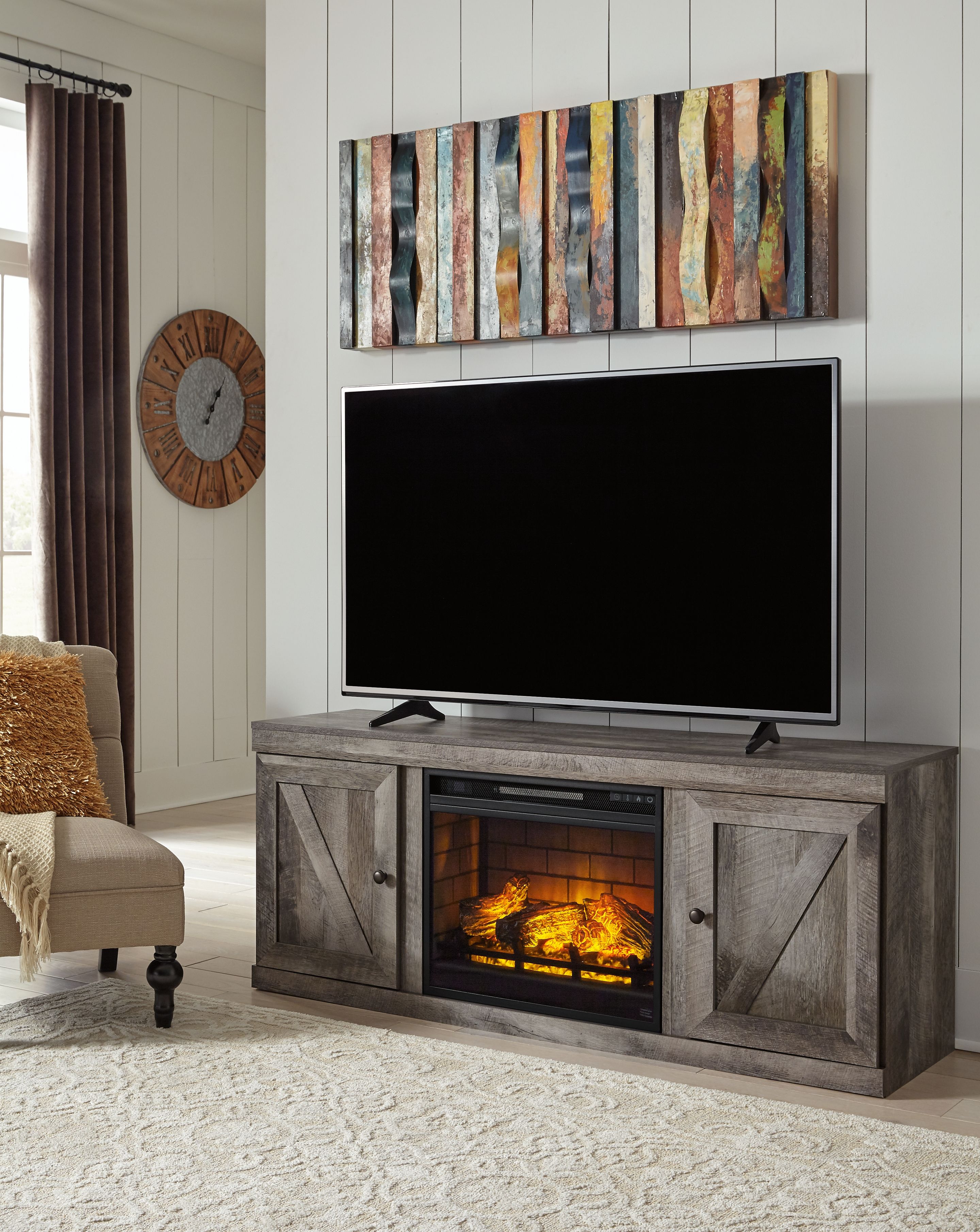 Wynnlow Gray TV Stand With Faux Firebrick Fireplace Insert New