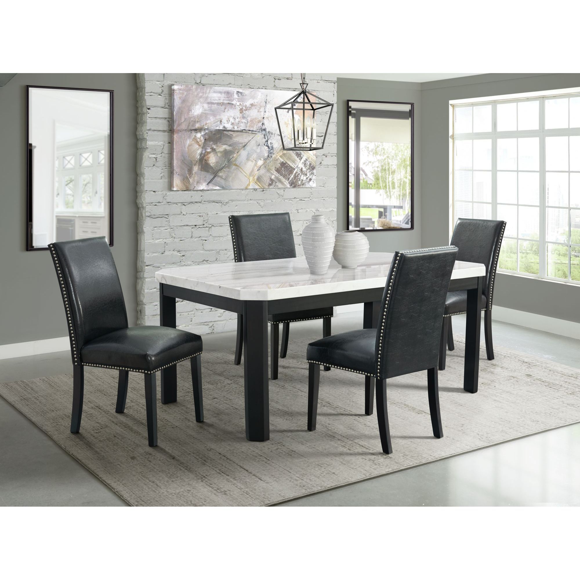 Francesca - 5 Piece Dining Set (Table And Four Faux Leather Chairs) - White Marble / Black