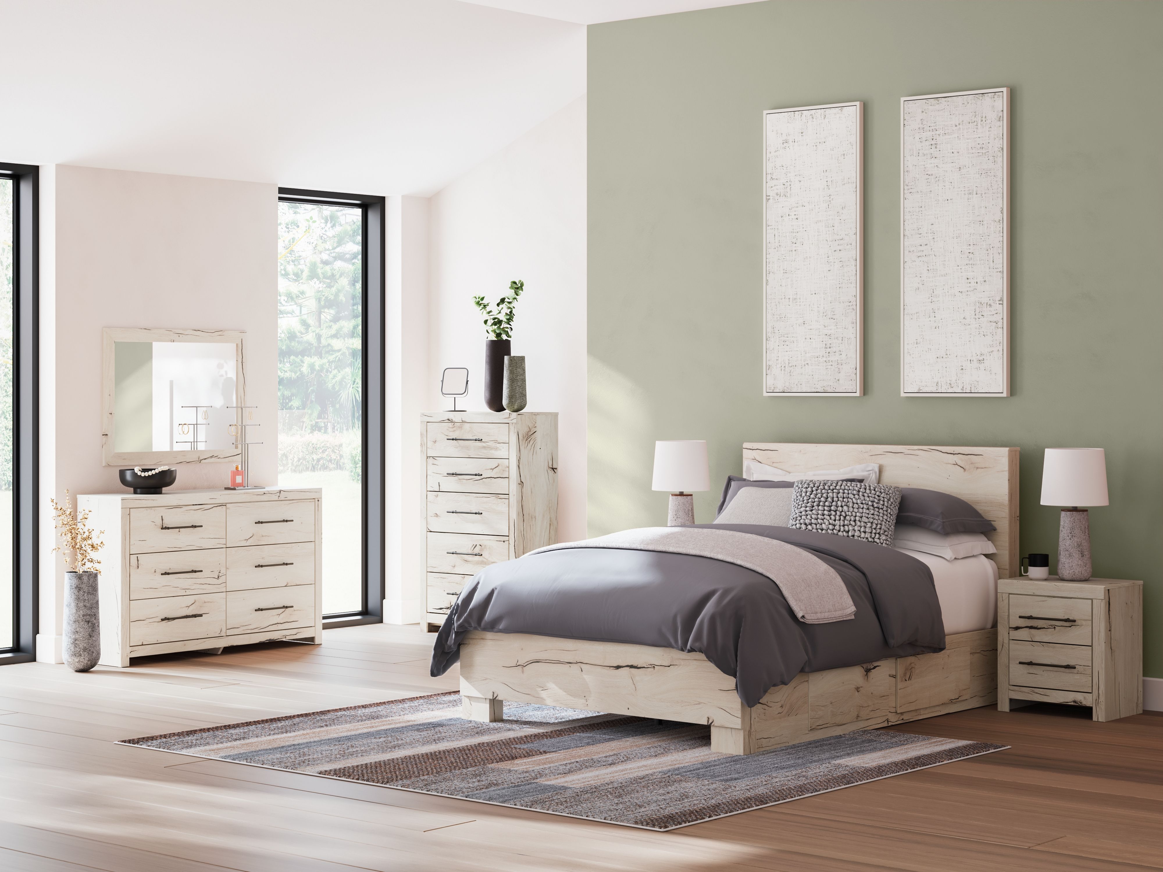 Ashley Lawroy - Light Natural - 8 Pc. - Dresser, Mirror, Chest, Queen Panel Bed With Under Bed Storage