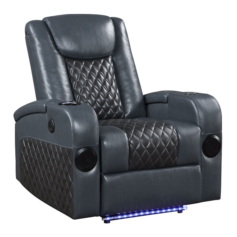 Alair - Power Motion Recliner With Bluetooth, Wireless Charger & Cupholder - Blue & Black Leather Aire, blue, view 2