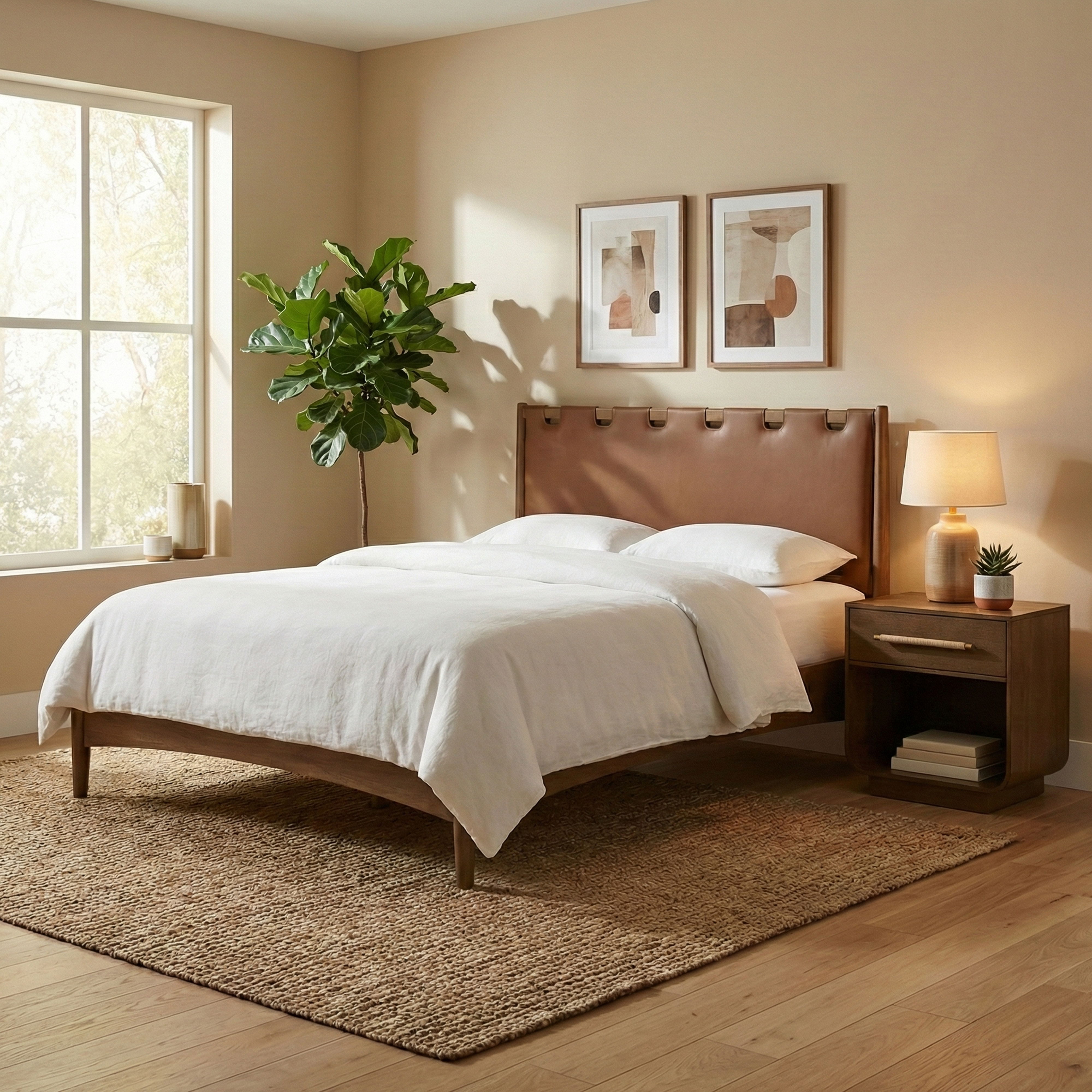 Santos - Vegan Leather Headboard And Wood Full Bed - Brown / Waxed Brown