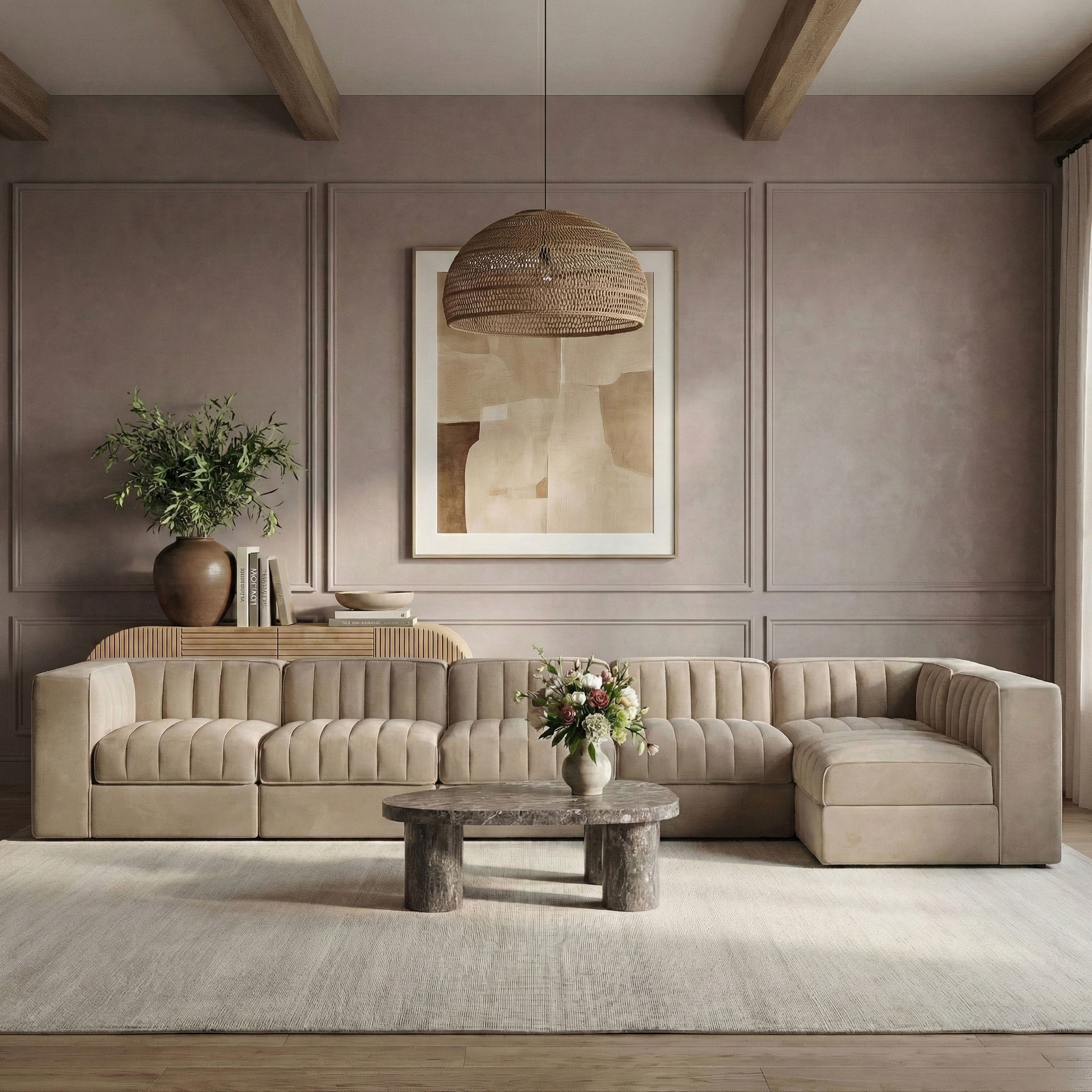 Rummi - Velvet Performance Fabric Upholstered 6 Piece Modular Sectional, L-Shaped (Right) - Beige