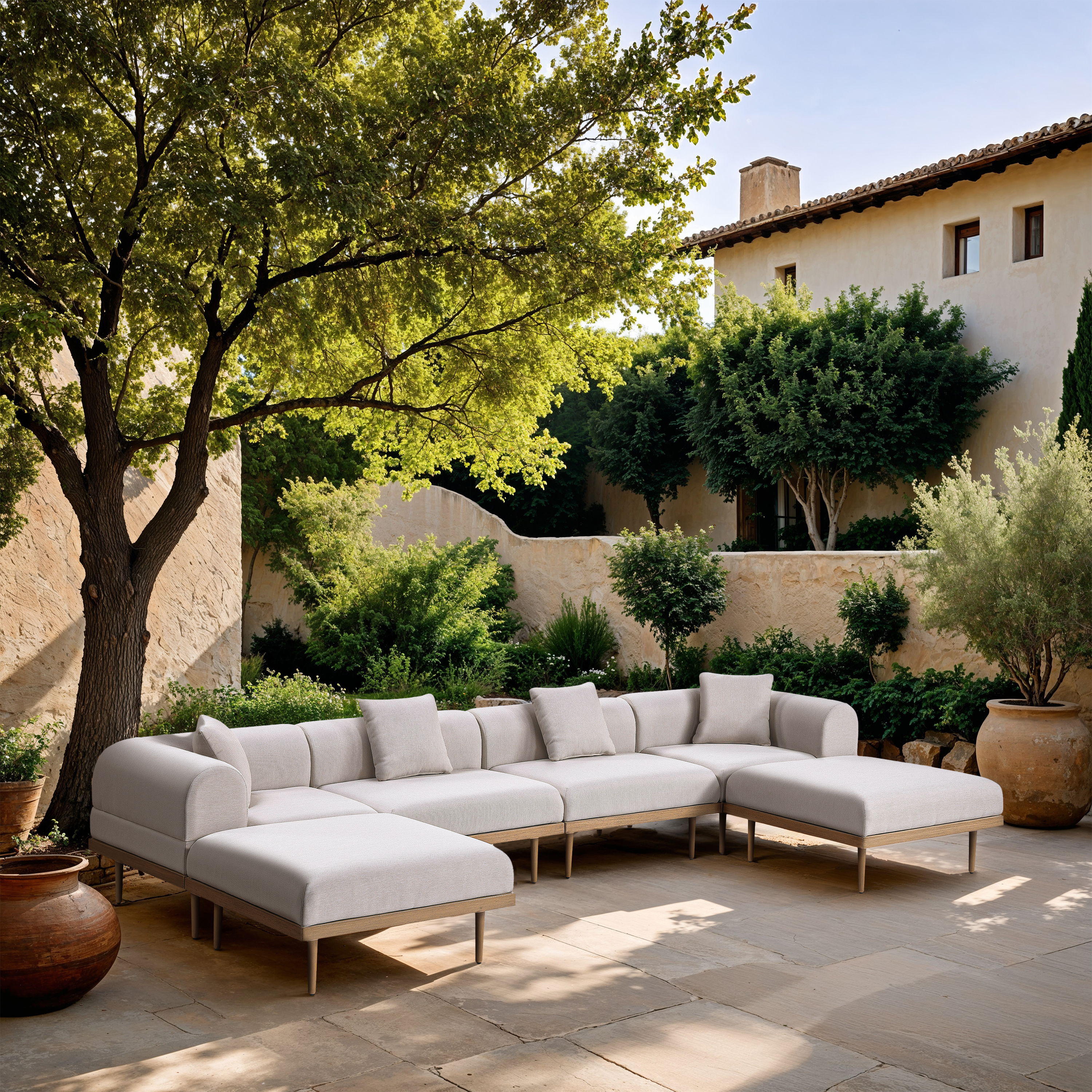Laguna - 6 Piece Resilient Water Resistant Fabric 142" Upholstered Outdoor Patio Modular Sectional - Beige