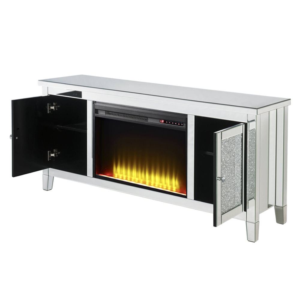 Noralie - 59" X 16" TV Stand With Fireplace - Mirrored & Faux Diamonds, silver, view 4