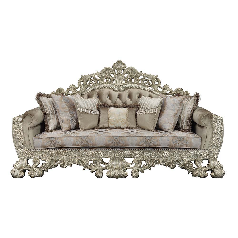 Sorina - Sofa With 7 Pillows - Velvet, Fabric & Antique Gold, beige