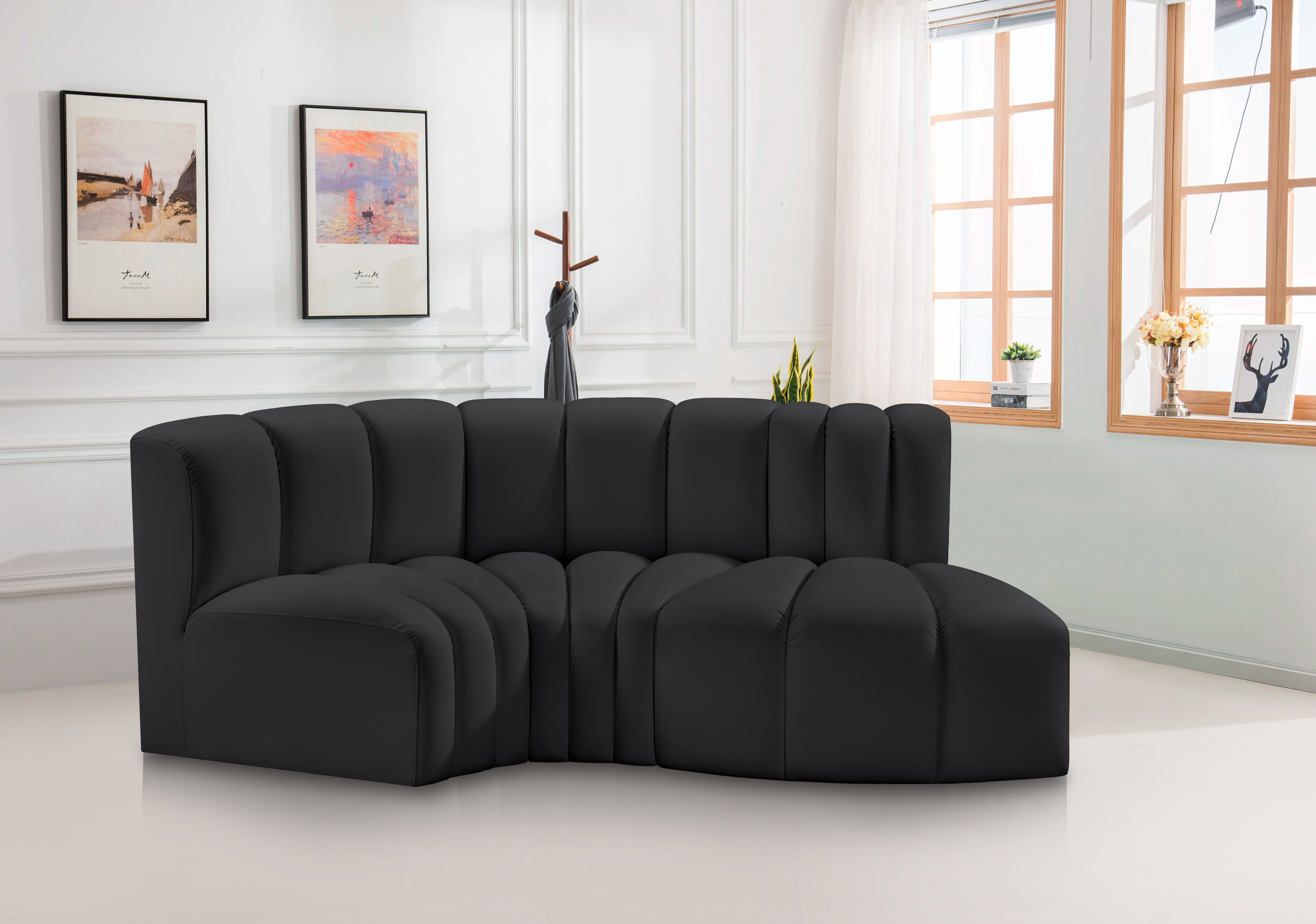Arc - Faux Leather 3 Piece Modular L-Shaped Sofa - Black