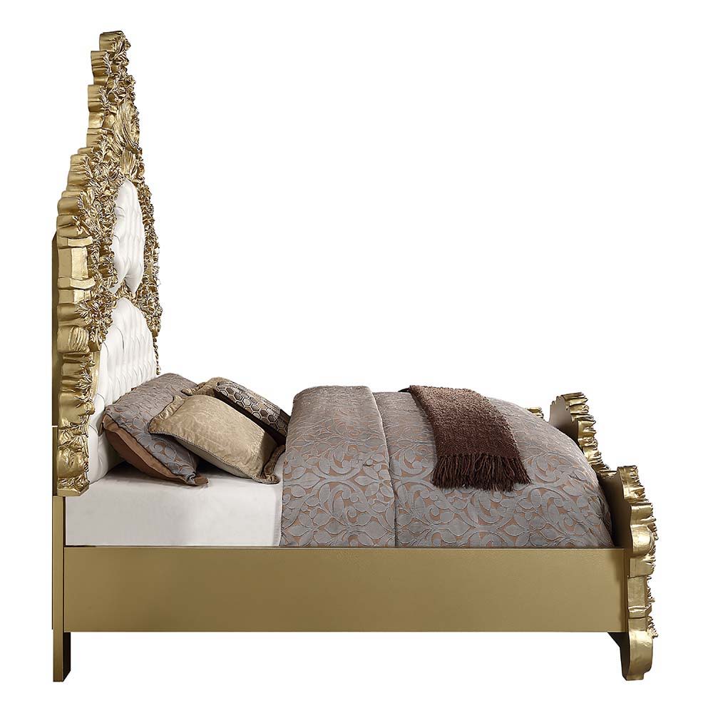 Bernadette - Eastern King Bed - White Synthetic Leather Fabric & Gold, white, view 2