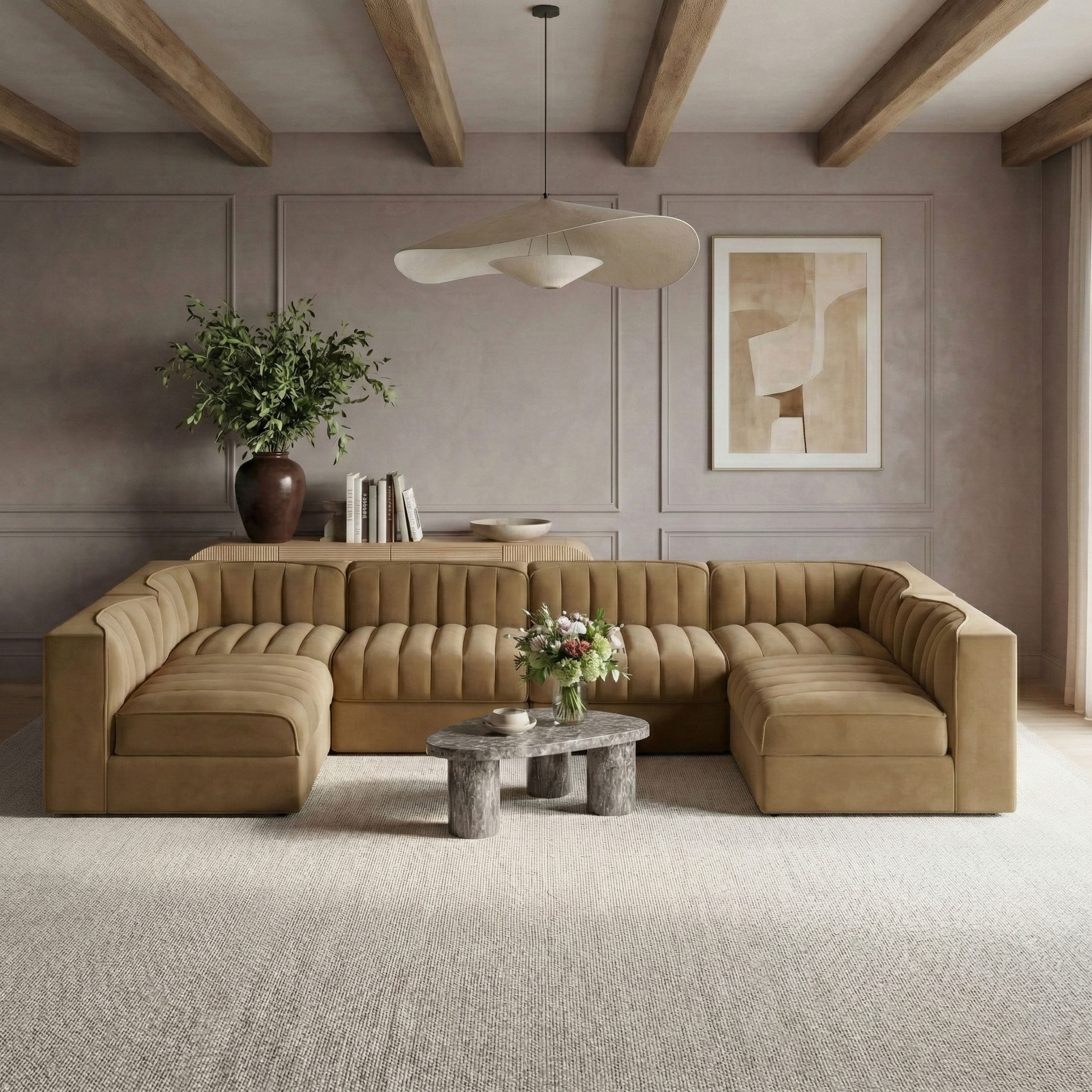 Rummi - Armless Velvet Performance Fabric Upholstered 6 Piece Modular Sectional - Saddle