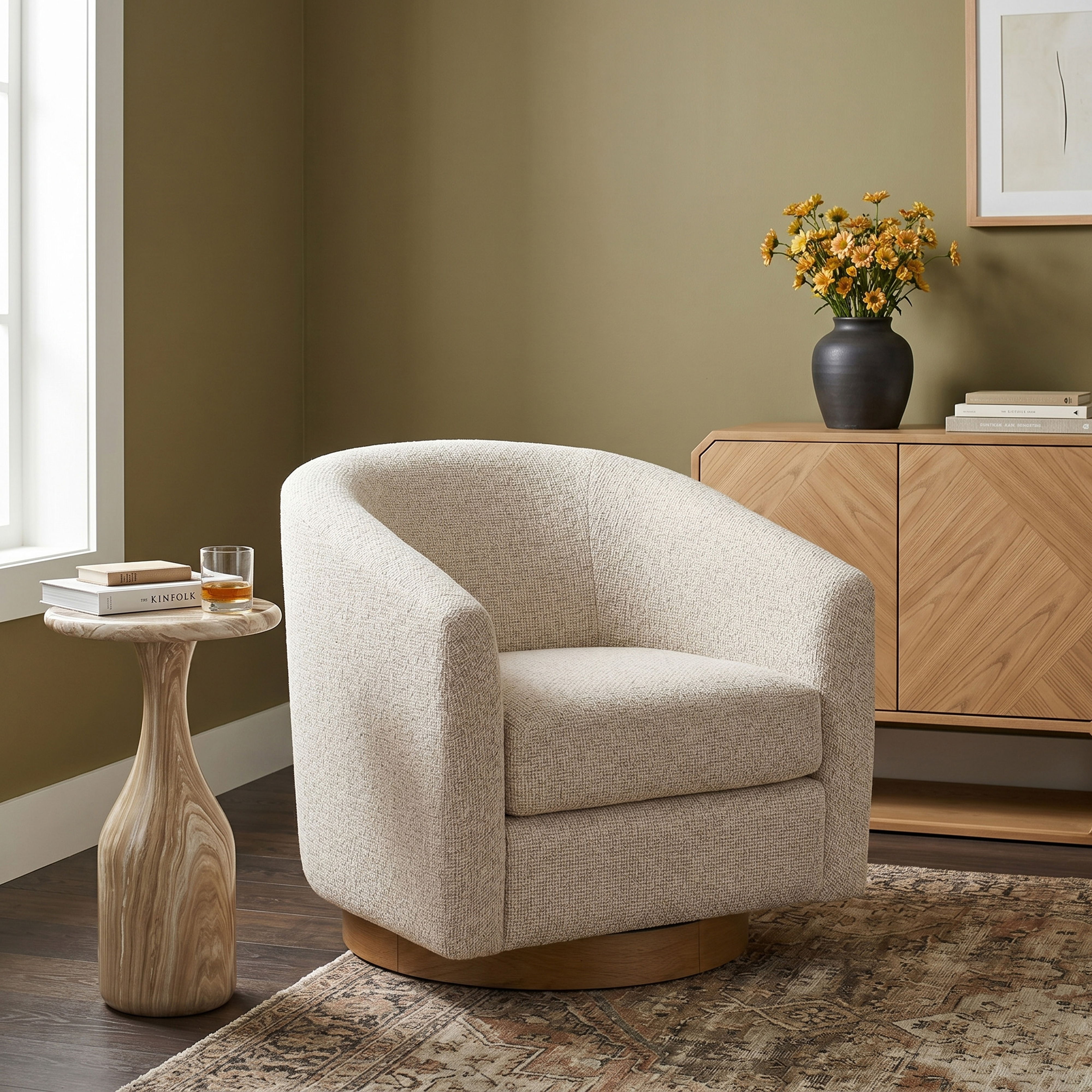 Modra - Performance Fabric Upholstered Swivel Accent Chair - Beige