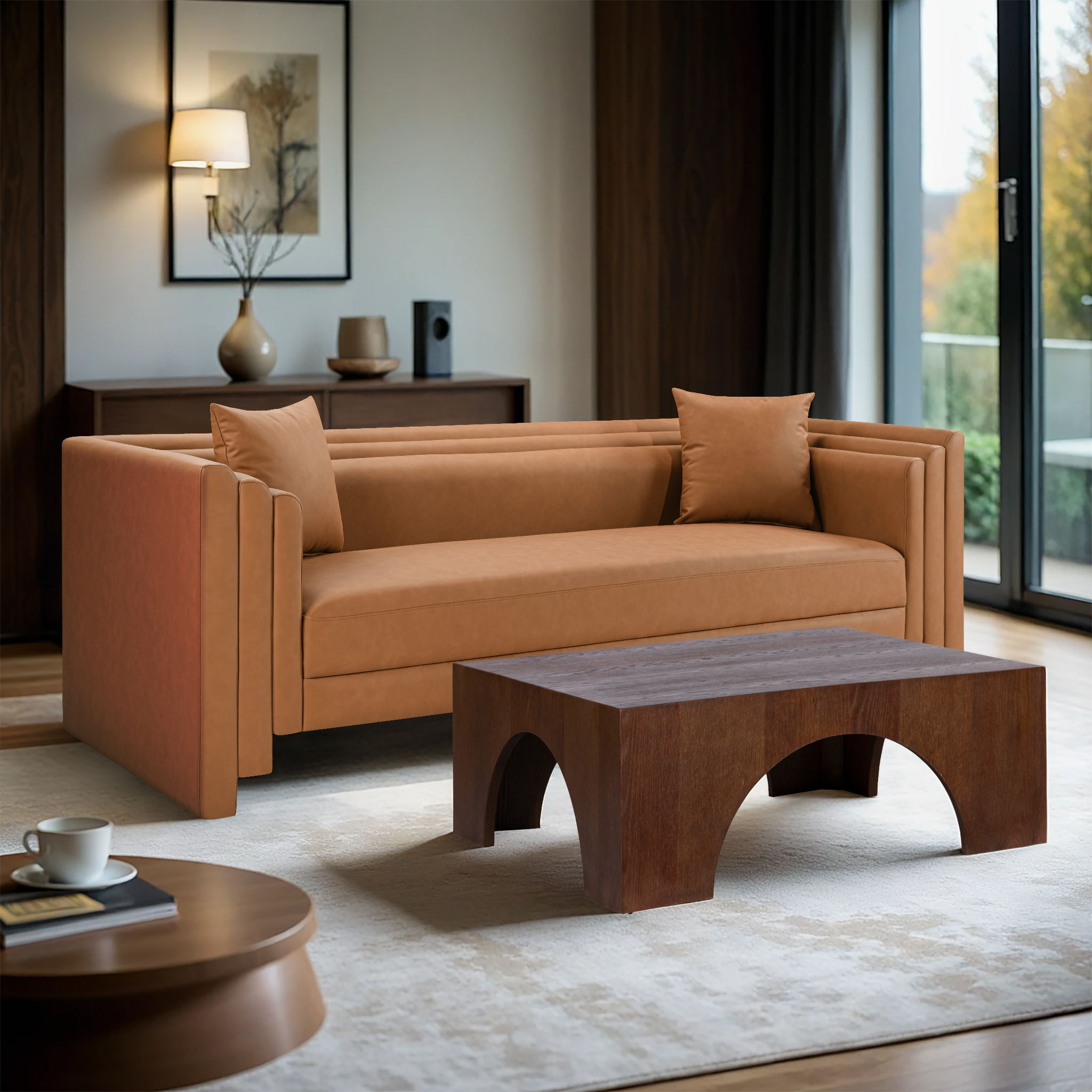 Everett - Vegan Leather 88.5" Upholstered Sofa - Cognac
