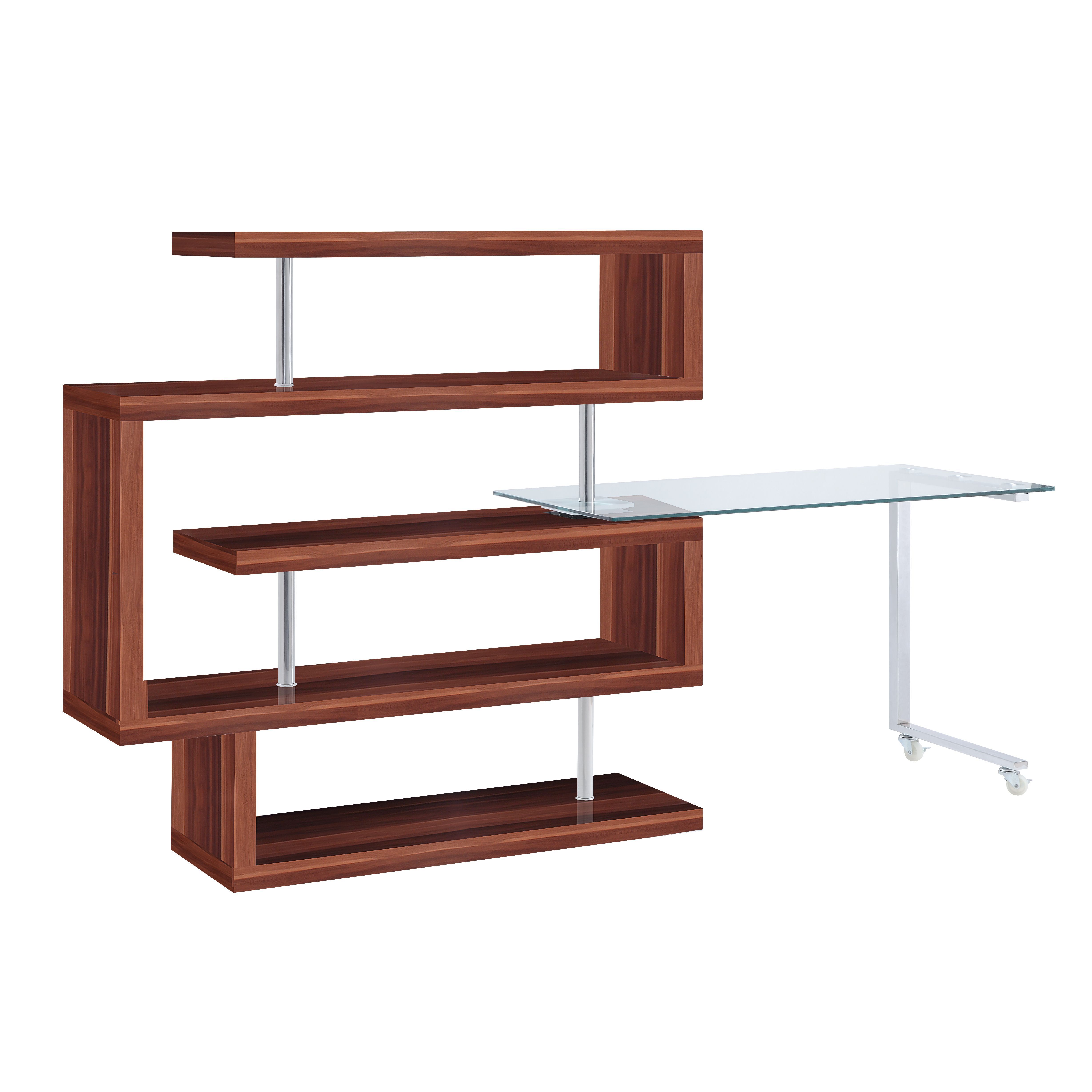 Buck II - Writing Desk With Bookshelf - Clear Glass, Chrome & Walnut High Gloss, dark brown, view 2